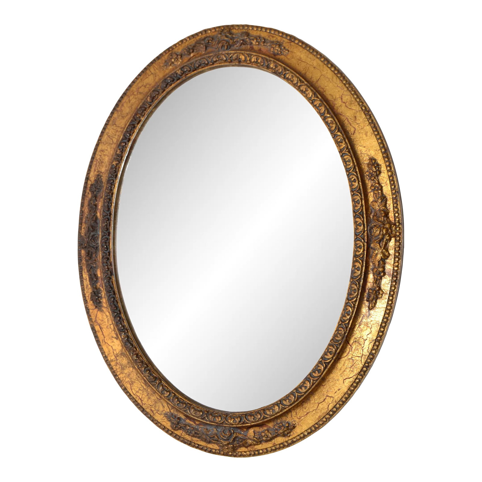 1960s Italian Giltwood Neoclassical Florentine Hand-Carved Oval Wall Mirror: Neoclassical Oval Medallion Shape Giltwood Florentine Wall Mirror with hand carved Flower Decoration made in Italy circa late 1960s. No Markings found. Secure wire construction for hanging. In good