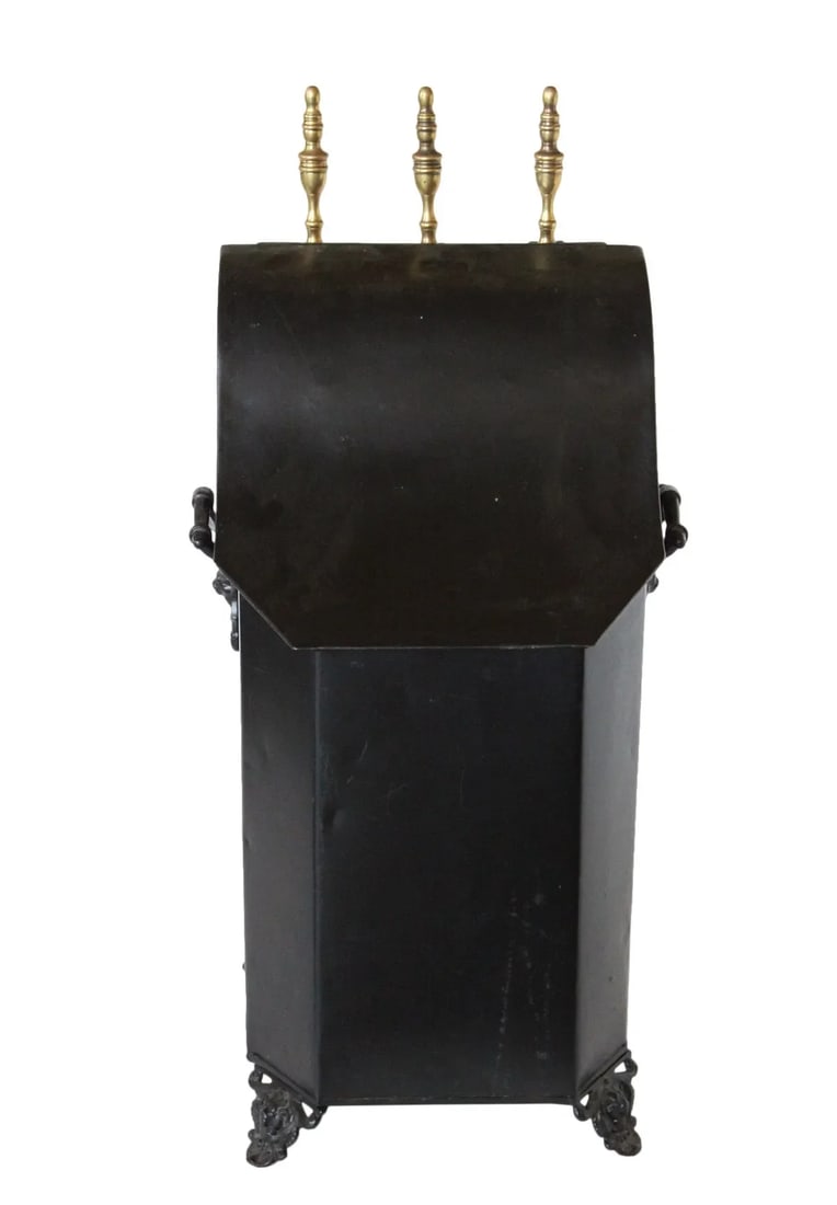 Late 19th Century Victorian Coal Scuttle Set: An antique coal scuttle with shovel, poker, and broom. Authentic and in excellent condition; this is the perfect addition to a home with a large scale working fire place. Condition: Alterations: