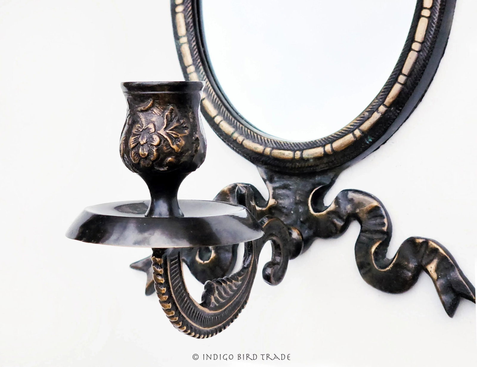 Pair of Vintage Ornate French Style Brass Mirrored Sconces With Ribbon Bow - 3