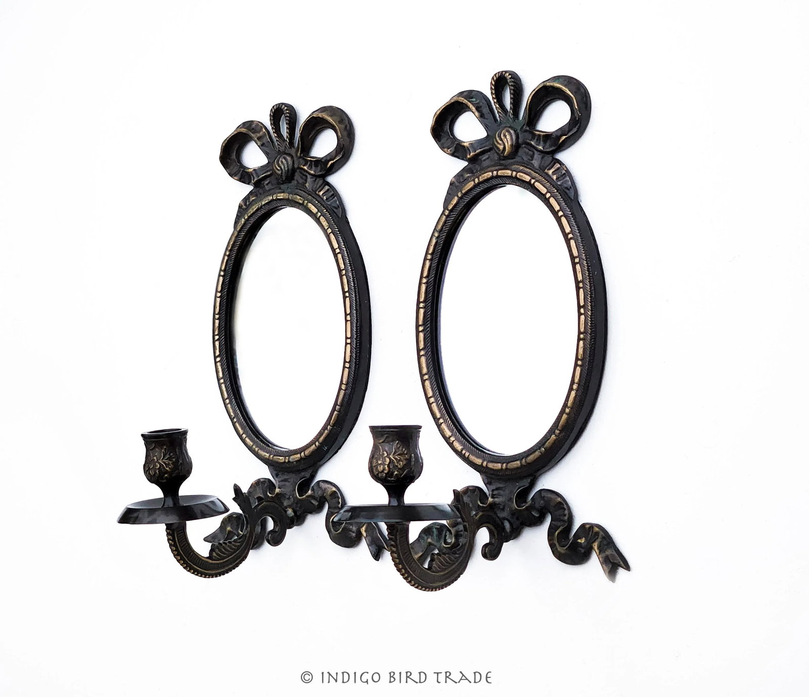 Pair of Vintage Ornate French Style Brass Mirrored Sconces With Ribbon Bow - 5