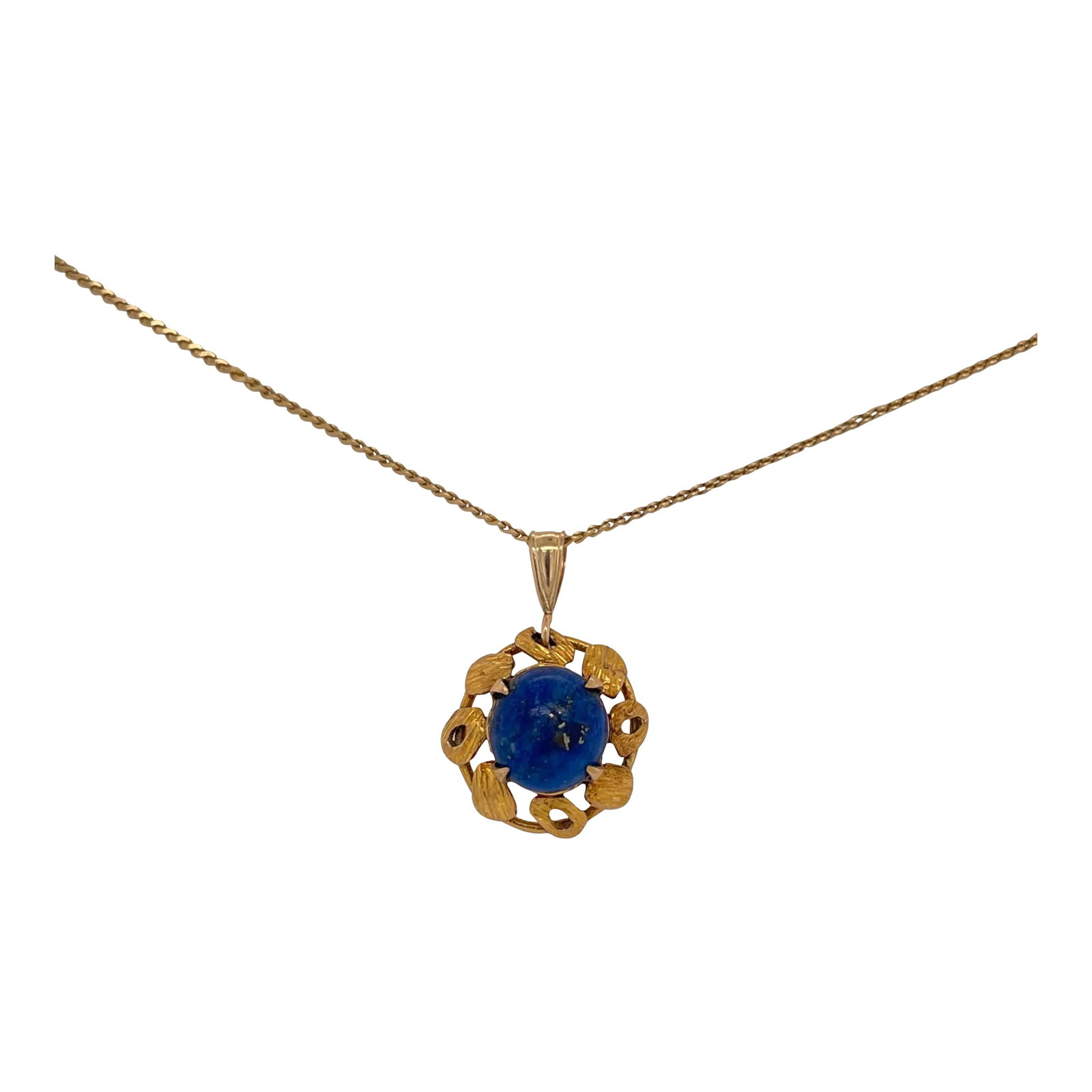 1980s 14k Gold Lapis Lazuli Pendant: This is part of Chairish's Fine Jewelry assortment. A fine small 14K gold and lapis pendant. The lapis has wonderful color and gold flecks. There are no marks but it tests 14K. Condition is