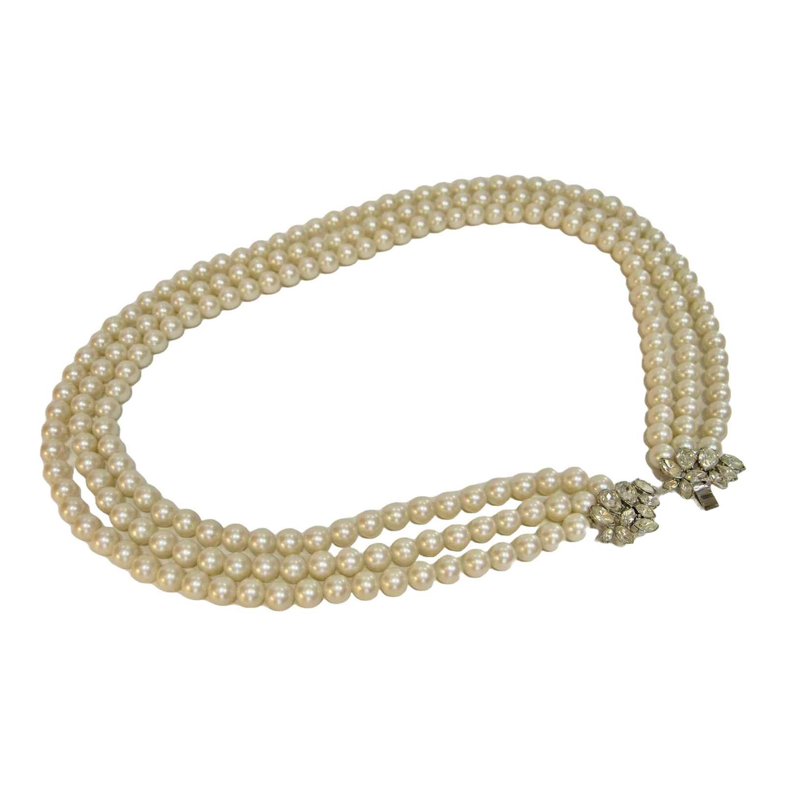 1980s Vintage Givenchy 3 Strand Glass Pearl Shimmering Crystal Enhancer Necklace: This is part of Chairish's Costume Jewelry Collection. Vintage Givenchy 3 strand glass pearl shimmering crystal enhancer necklace Signed , "Givenchy, Paris, New York" From my private secure
