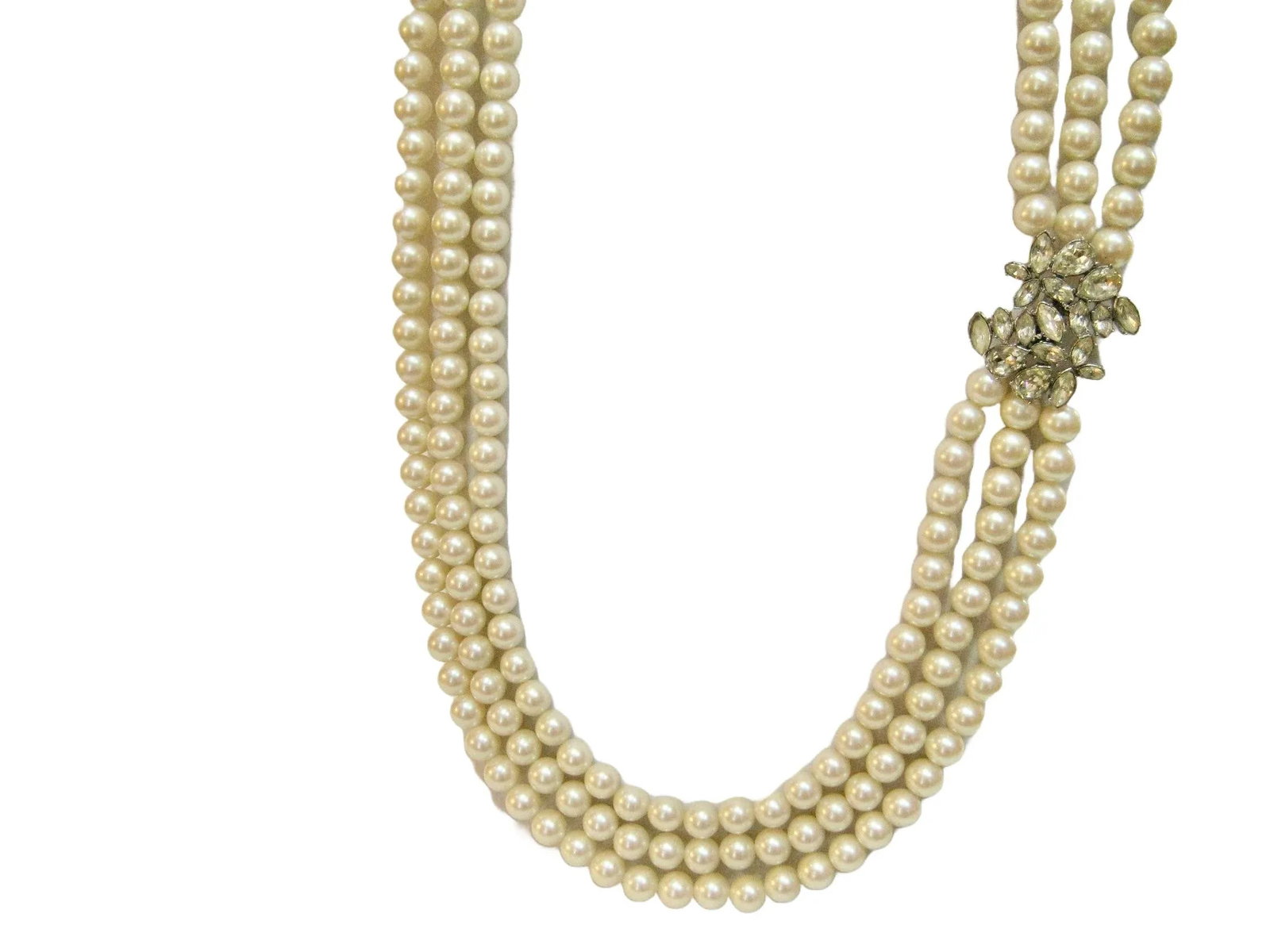 1980s Vintage Givenchy 3 Strand Glass Pearl Shimmering Crystal Enhancer Necklace - 2