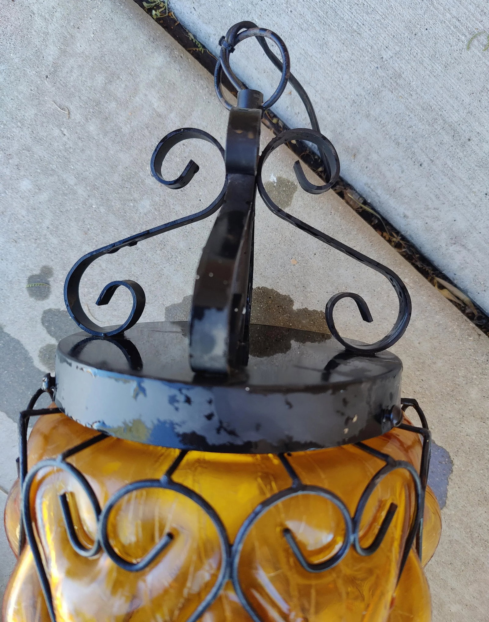 Mid Century Caged Blown Amber Bubble Crackle Glass Pendant Light Fixture Lantern Hall Light - 11