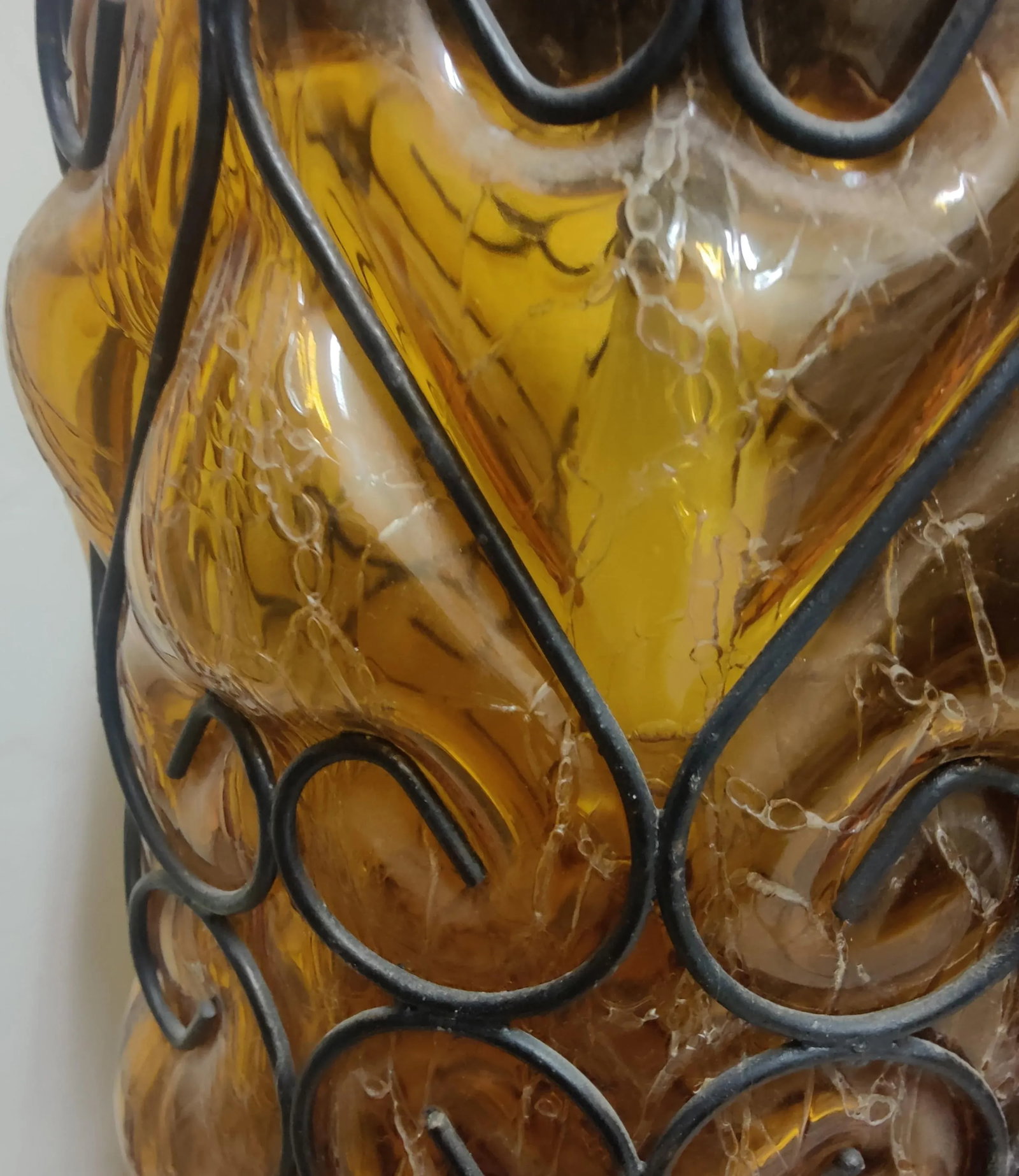 Mid Century Caged Blown Amber Bubble Crackle Glass Pendant Light Fixture Lantern Hall Light - 12