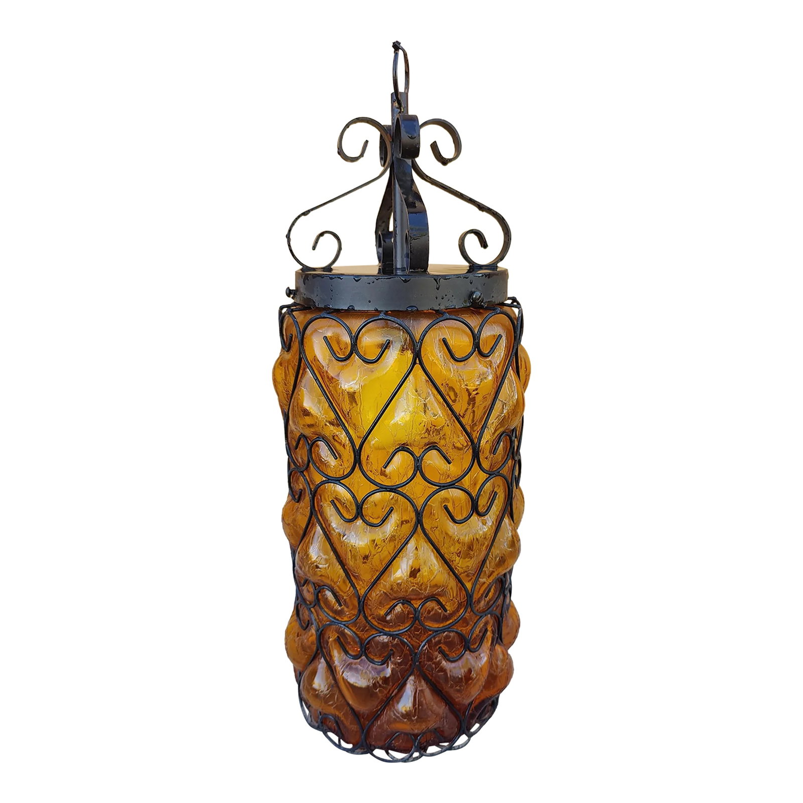 Mid Century Caged Blown Amber Bubble Crackle Glass Pendant Light Fixture Lantern Hall Light: This is a true mid century amber crackle bubble glass Caged in black liron metal light fixture. It can be used inside or out!! I am quite sure it works as it was purchased from an estate where it was