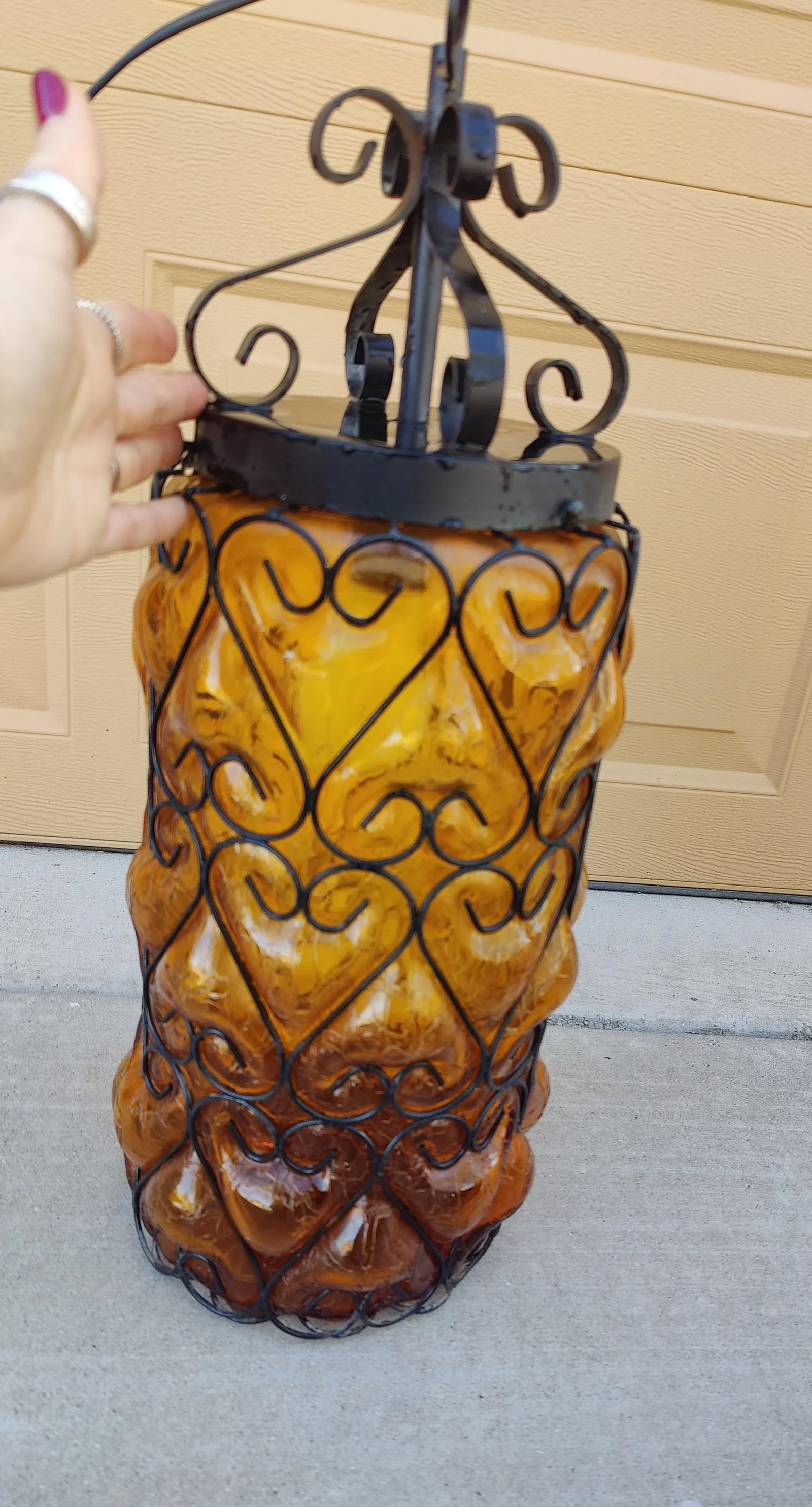 Mid Century Caged Blown Amber Bubble Crackle Glass Pendant Light Fixture Lantern Hall Light - 2