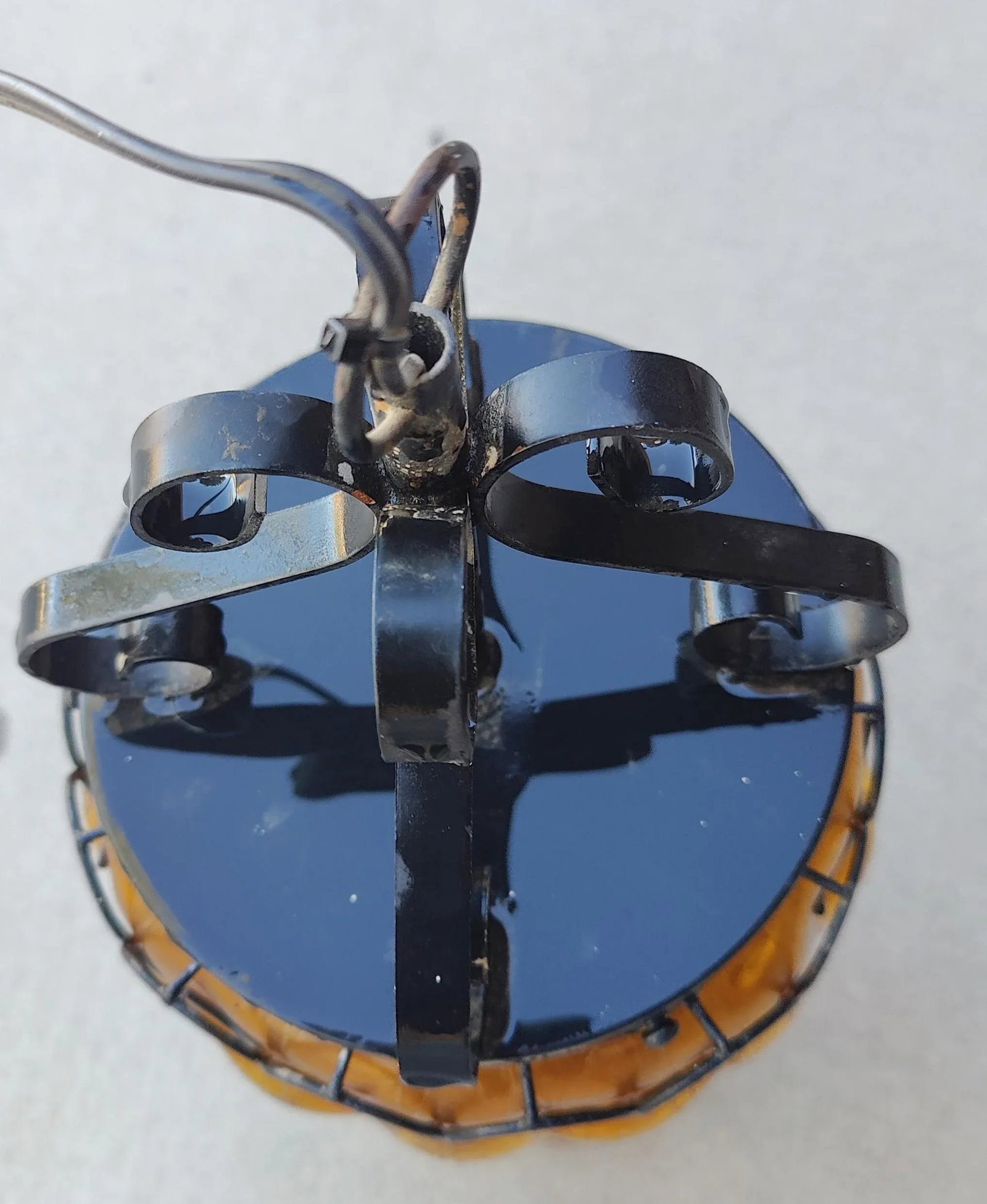 Mid Century Caged Blown Amber Bubble Crackle Glass Pendant Light Fixture Lantern Hall Light - 3