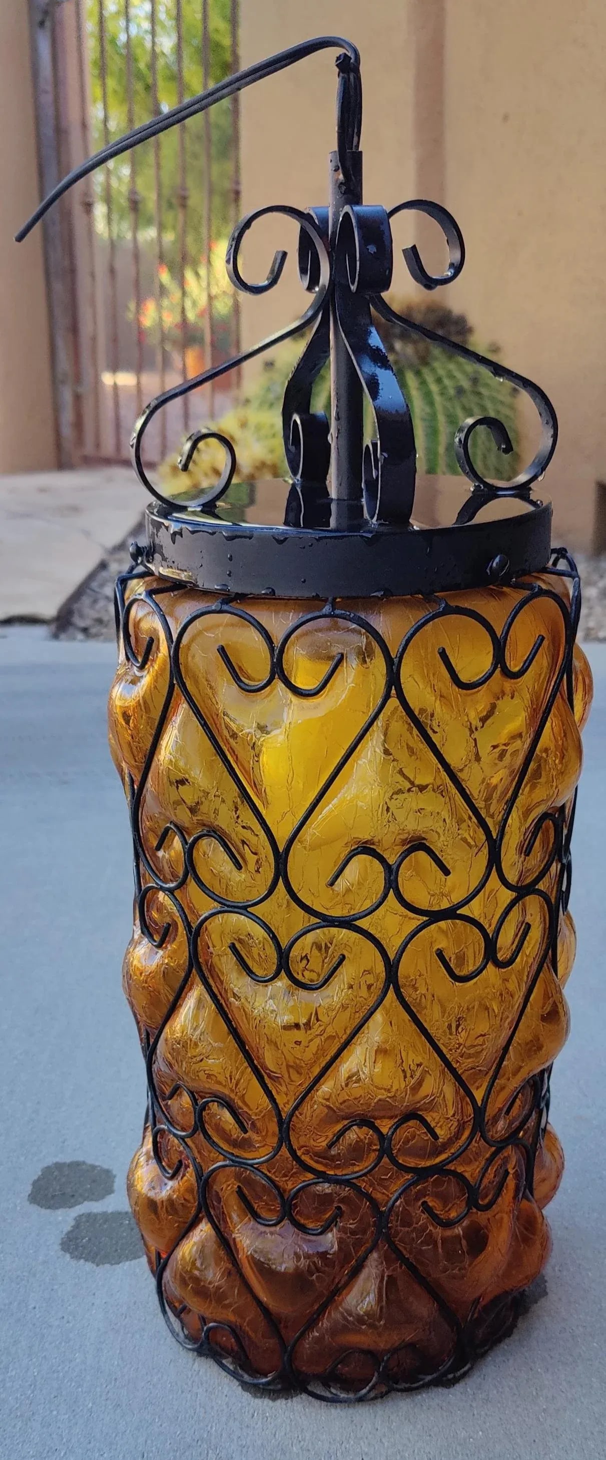 Mid Century Caged Blown Amber Bubble Crackle Glass Pendant Light Fixture Lantern Hall Light - 4
