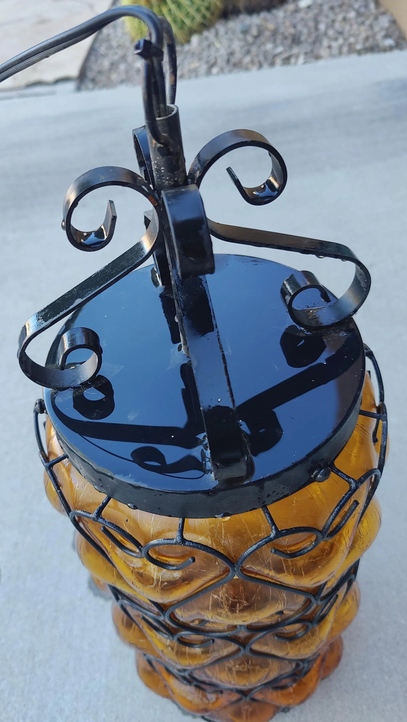 Mid Century Caged Blown Amber Bubble Crackle Glass Pendant Light Fixture Lantern Hall Light - 5