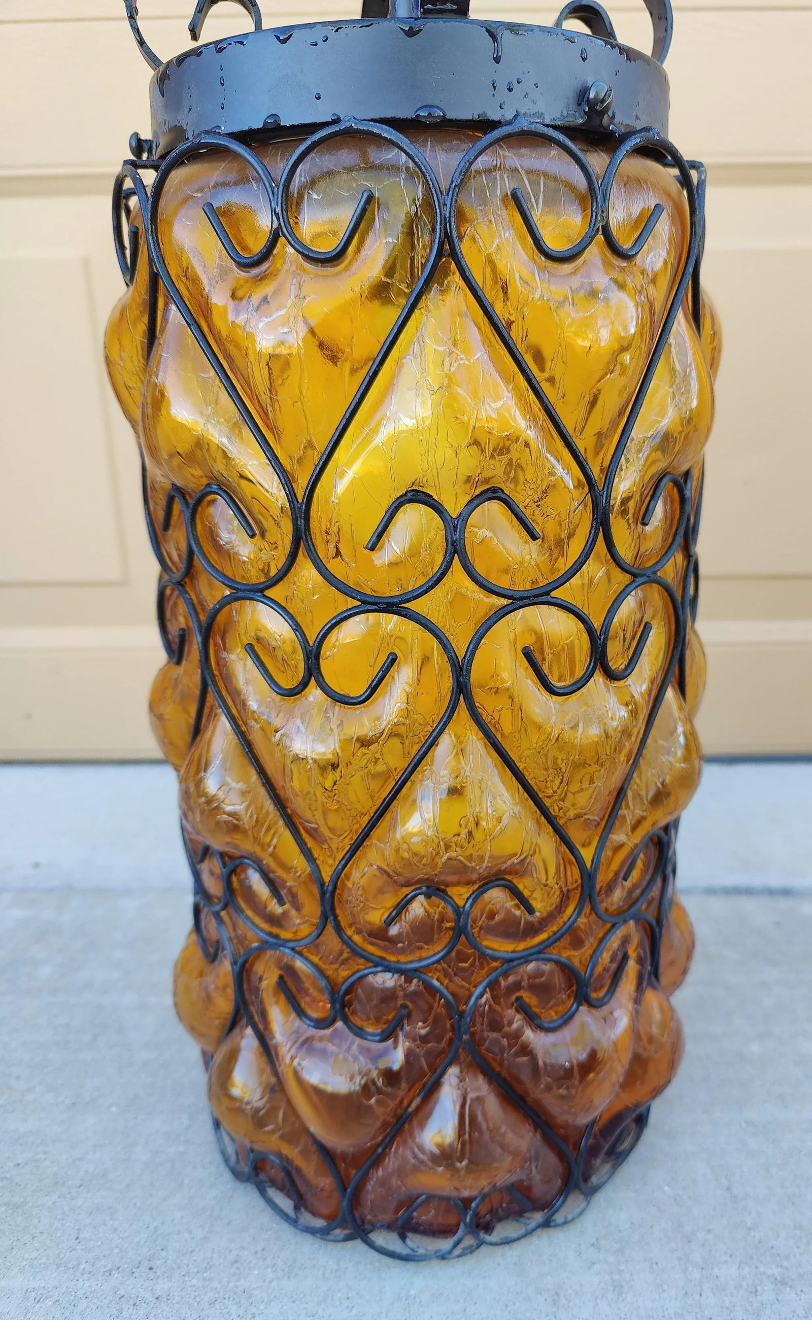 Mid Century Caged Blown Amber Bubble Crackle Glass Pendant Light Fixture Lantern Hall Light - 6