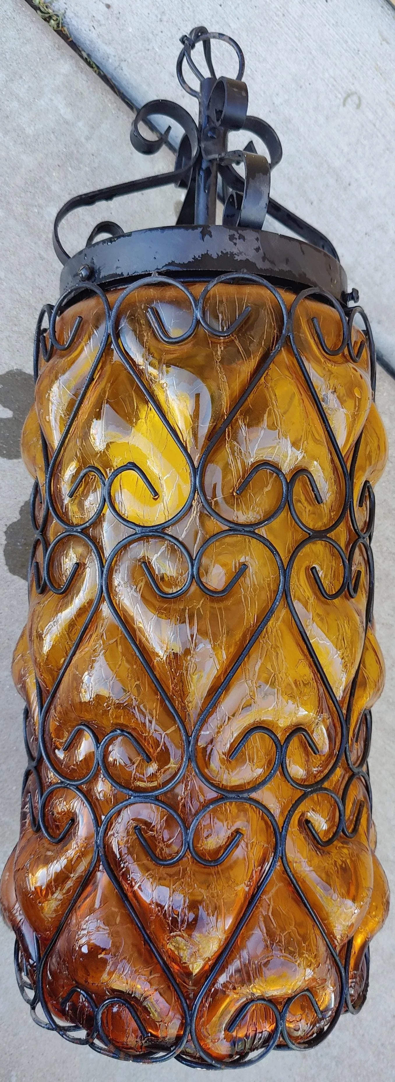 Mid Century Caged Blown Amber Bubble Crackle Glass Pendant Light Fixture Lantern Hall Light - 7