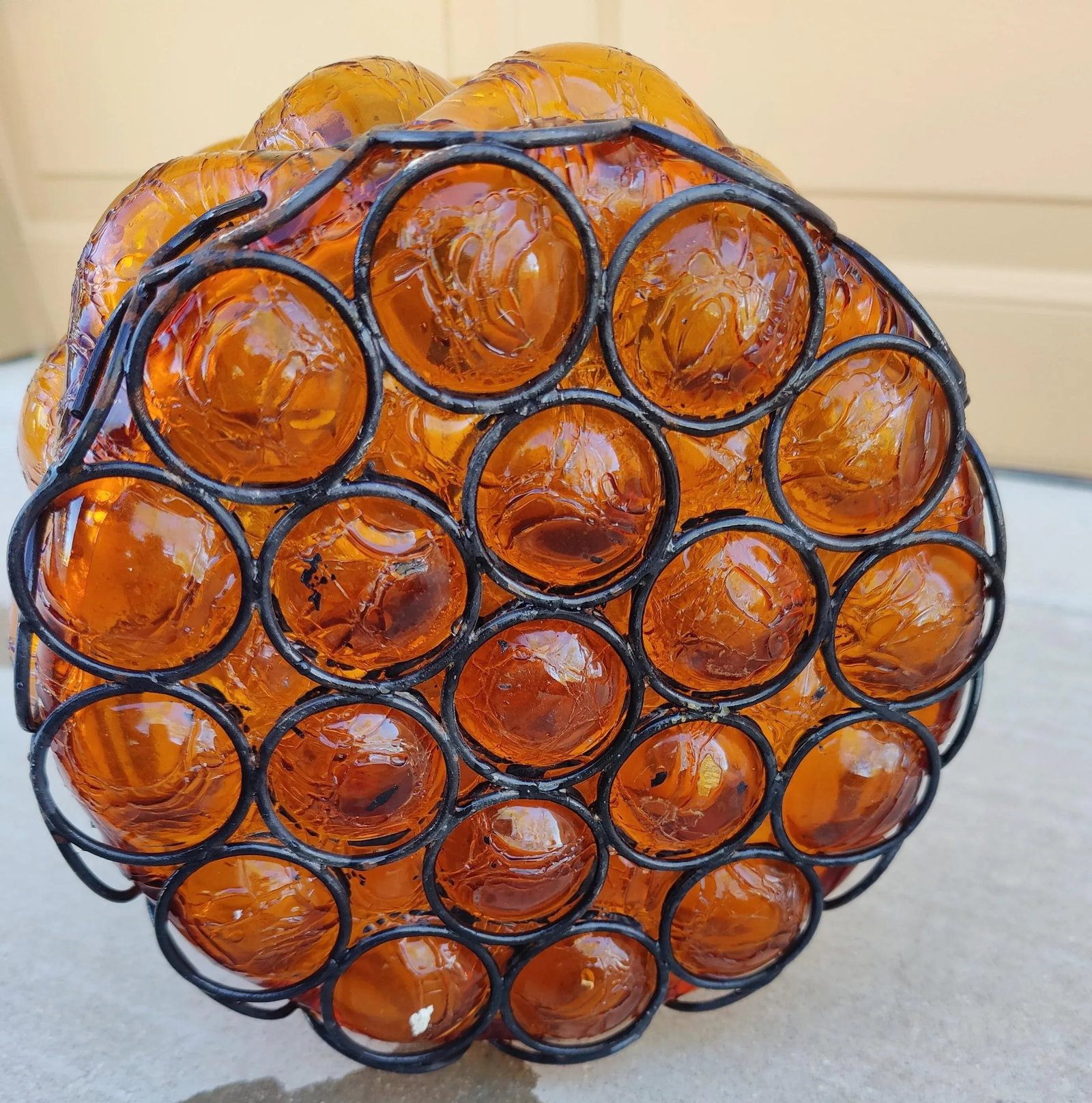 Mid Century Caged Blown Amber Bubble Crackle Glass Pendant Light Fixture Lantern Hall Light - 8