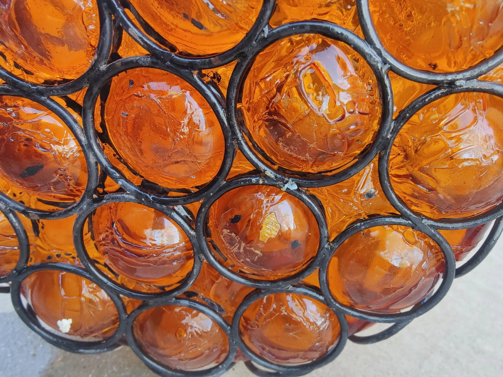 Mid Century Caged Blown Amber Bubble Crackle Glass Pendant Light Fixture Lantern Hall Light - 9