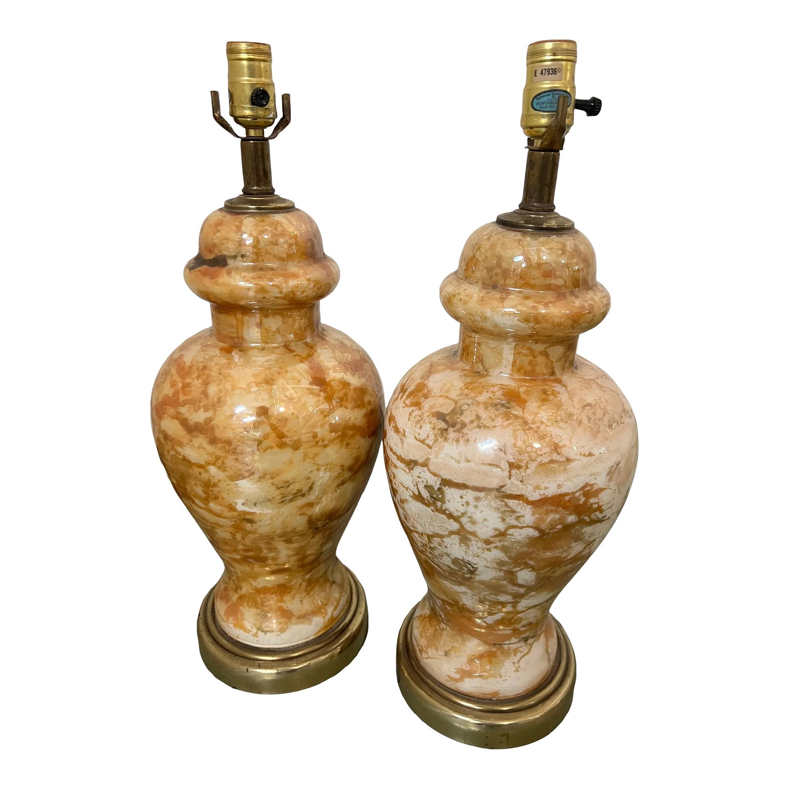 Faux Onyx Ginger Jar Lamps - a Pair: Pair of ginger jar shaped Faux Onyx lamps. Warm tones of burnt oranges, darkened brown and whites. Brass colored bases. Original wiring. Harps and shades not included. Condition: Alterations: