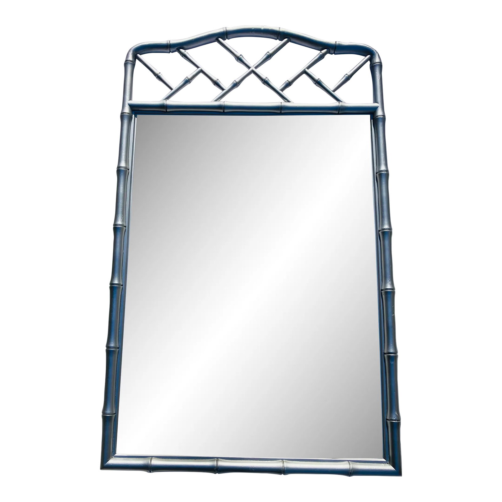 1970s Silver Faux Bamboo Mirror: This carved wooden mirror was made in the 70's The faux bamboo style is painted. Silver Nice quality carving Height 47 Width 29 Condition: Alterations: Original Condition Unaltered Imperfections: