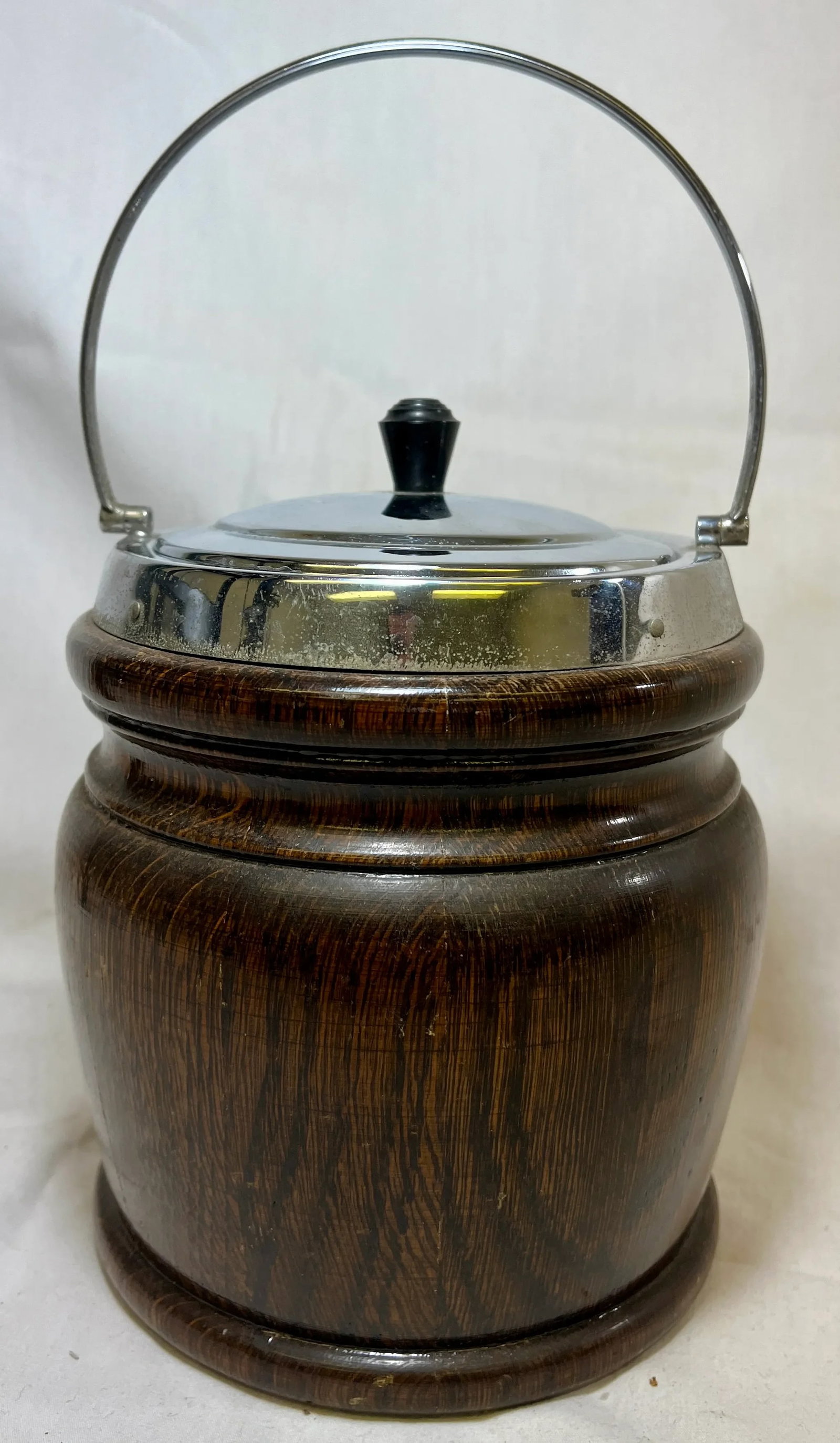 Vintage Oak Biscuit Jar /Ice Bucket With Chrome Trim and Ceramic Lining Made in England - Circa 1940 - 10