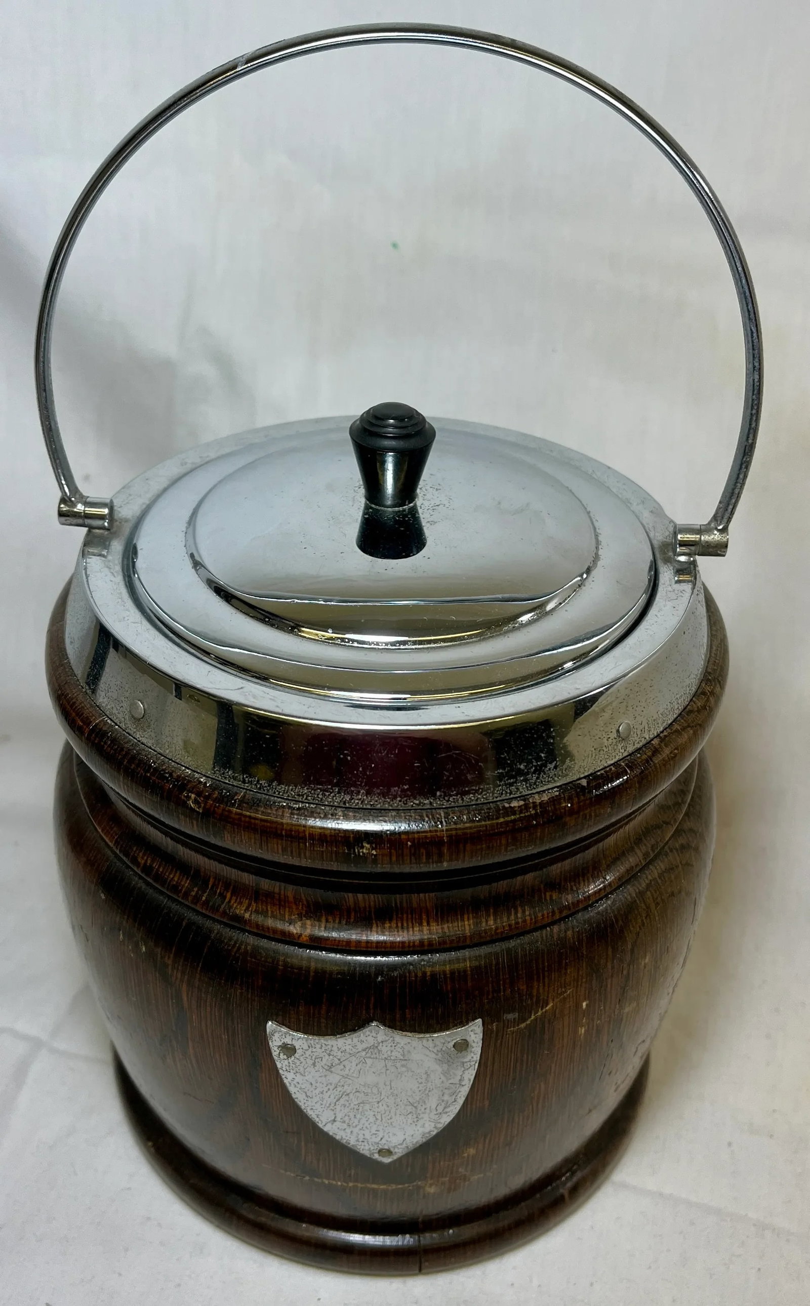 Vintage Oak Biscuit Jar /Ice Bucket With Chrome Trim and Ceramic Lining Made in England - Circa 1940 - 2