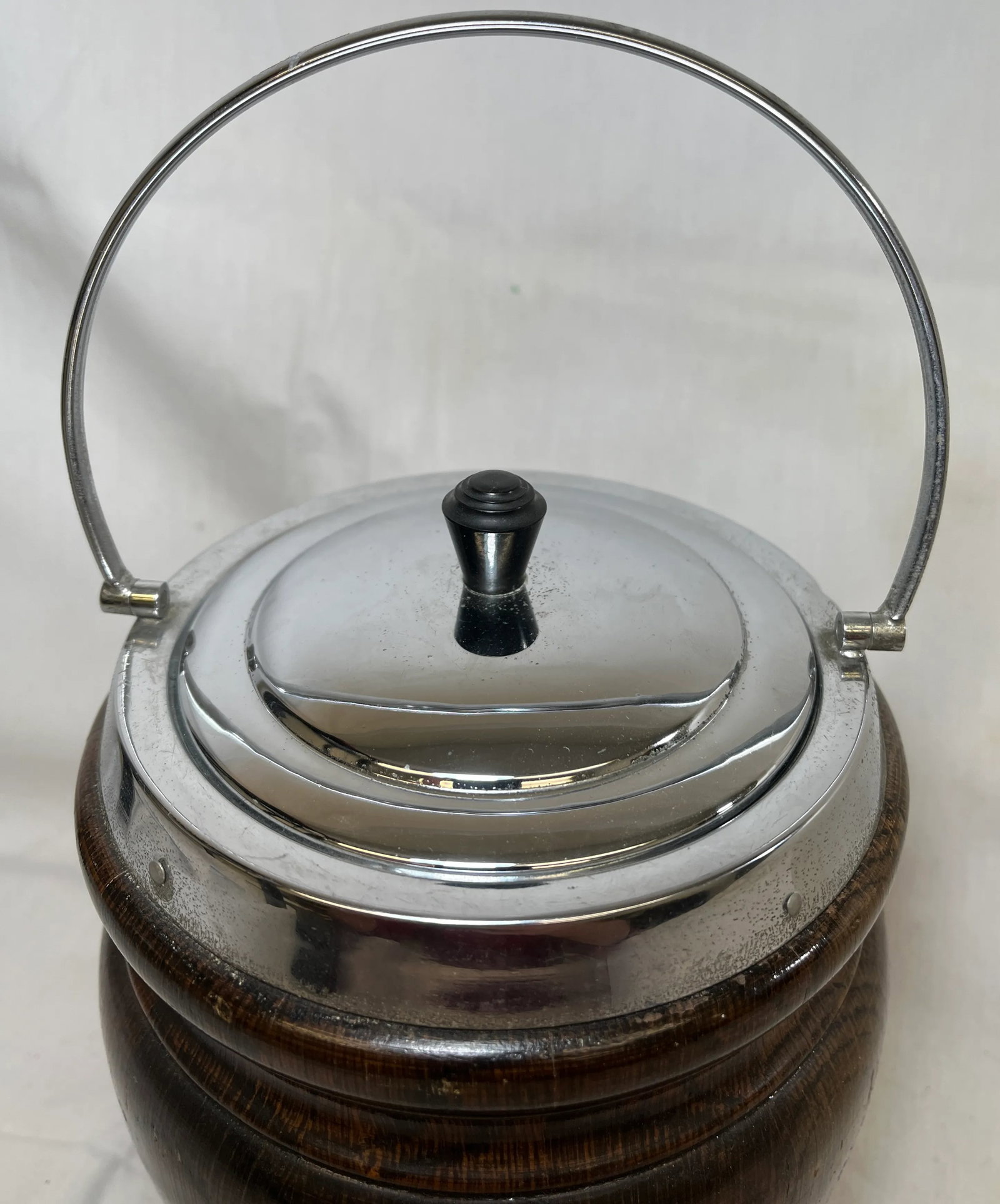 Vintage Oak Biscuit Jar /Ice Bucket With Chrome Trim and Ceramic Lining Made in England - Circa 1940 - 3