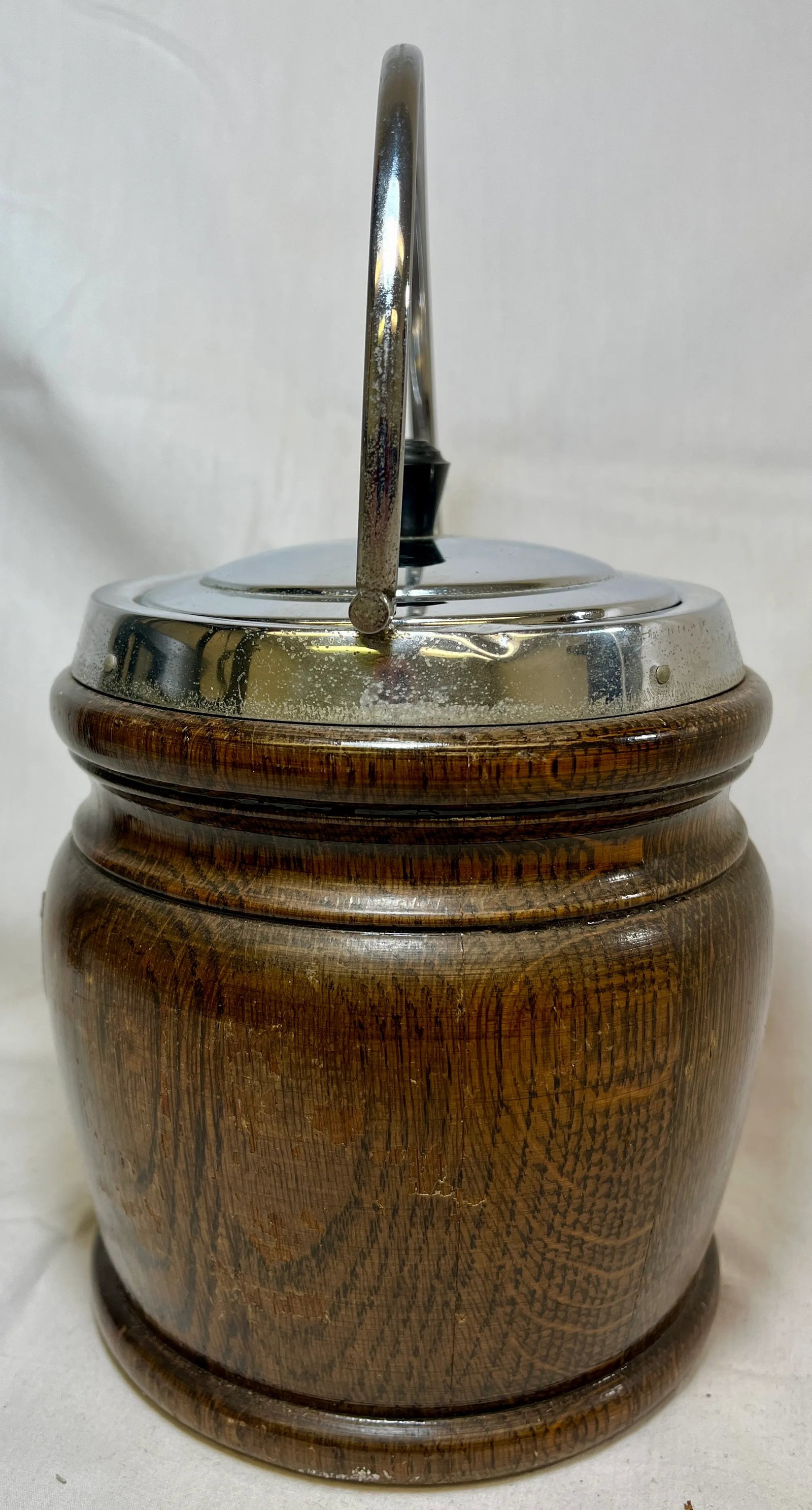 Vintage Oak Biscuit Jar /Ice Bucket With Chrome Trim and Ceramic Lining Made in England - Circa 1940 - 4