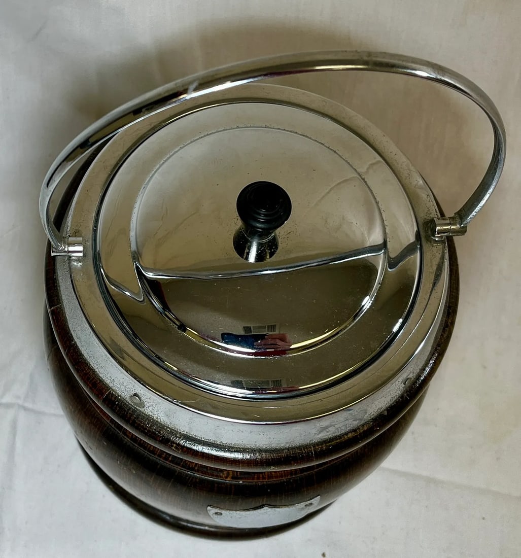 Vintage Oak Biscuit Jar /Ice Bucket With Chrome Trim and Ceramic Lining Made in England - Circa 1940 - 6