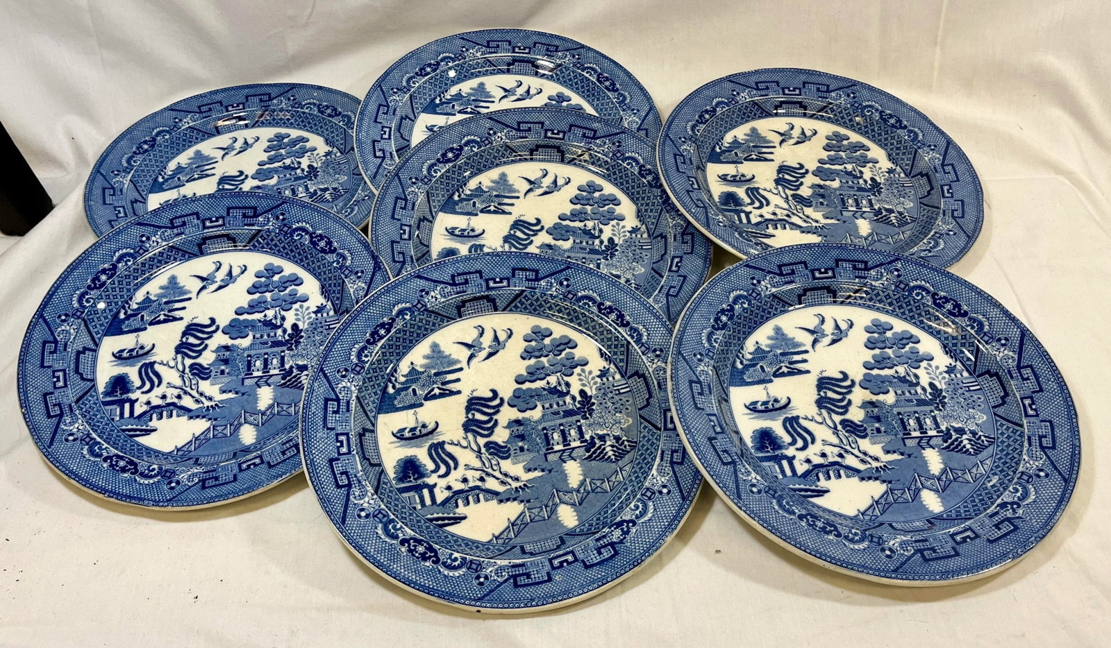 Antique Set of 7 Blue Willow Luncheon Plates Made in England - Circa 1900 - 12