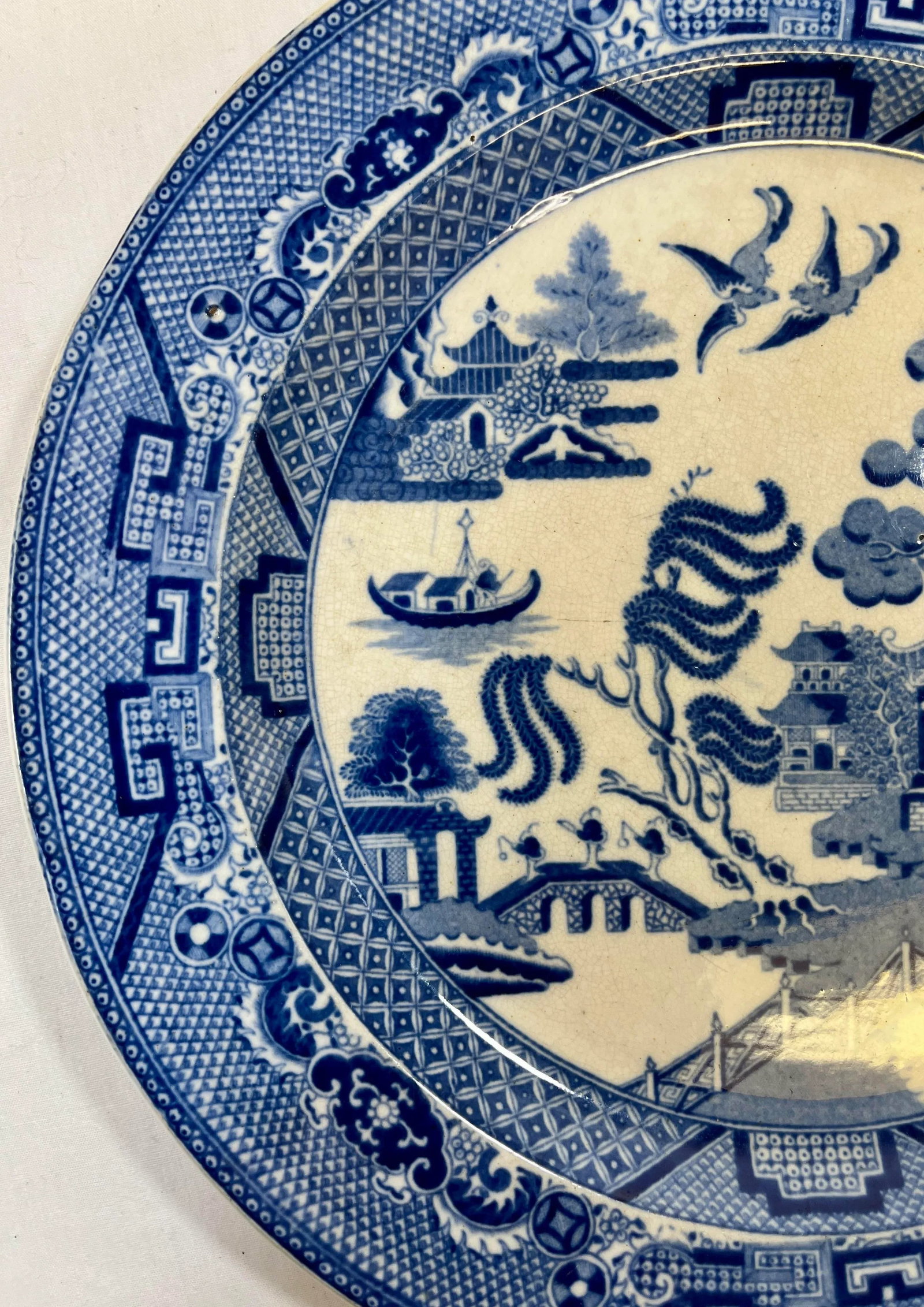 Antique Set of 7 Blue Willow Luncheon Plates Made in England - Circa 1900 - 7