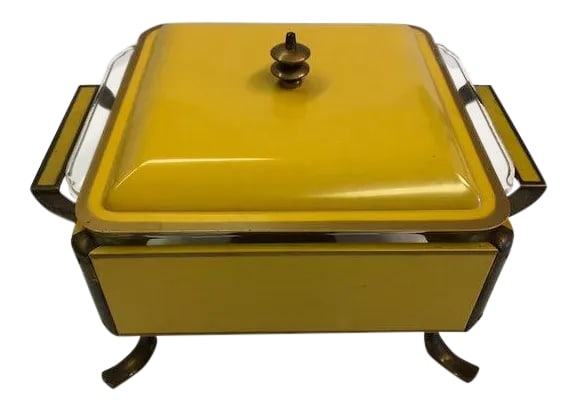 1950s Mid-Century Modern 8" Chafing Warmer: Vintage; 1960s, mid-century modern, 8", single, chafing warmer with gilt atomic-style lid handle. Gilt accent edge on the lid. With a candle warmer under the glass casserole dish. Brass curved legs an