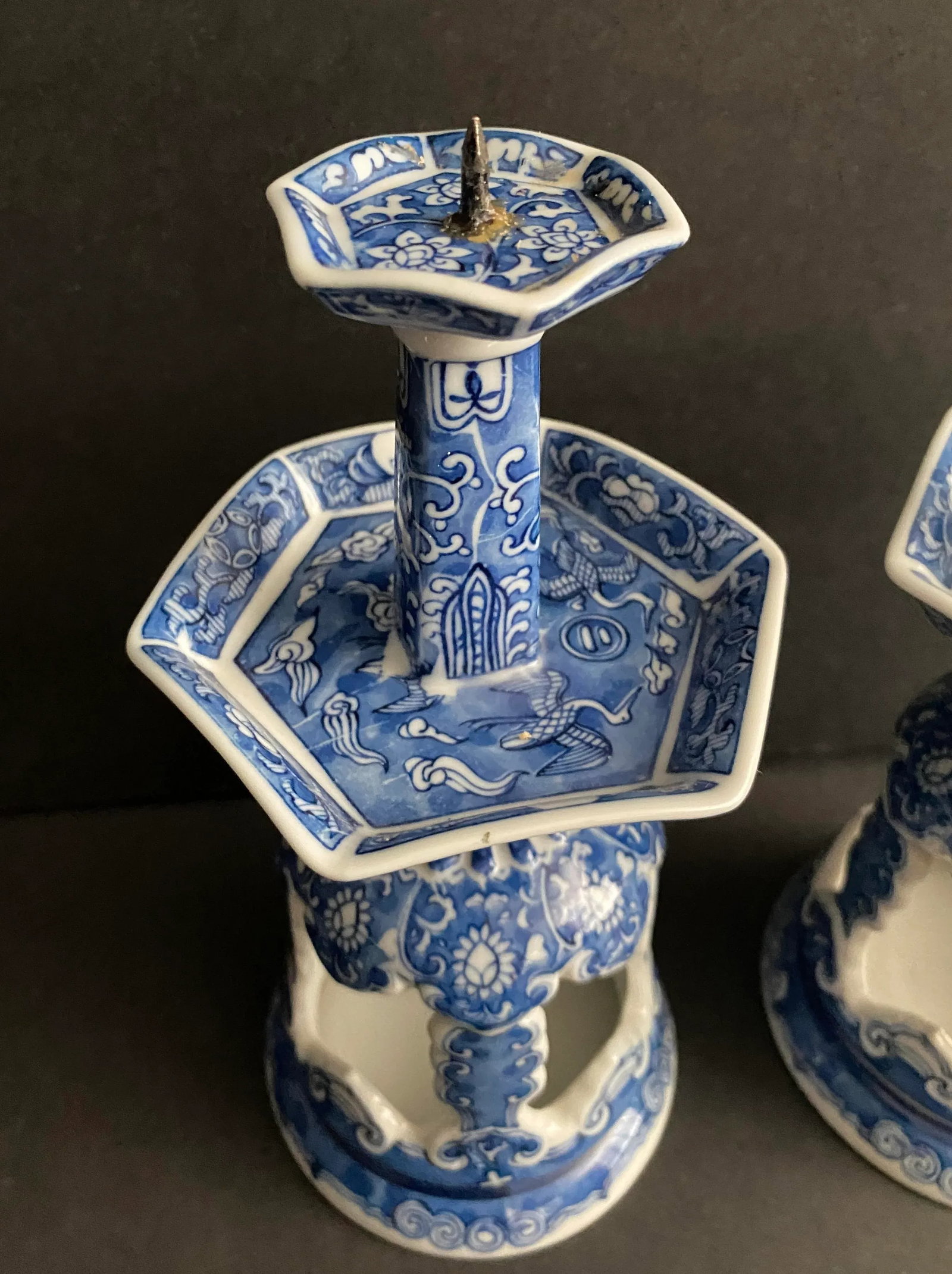 Vintage Pair of Chinese Pierced Porcelain Blue & White Candlesticks - 2