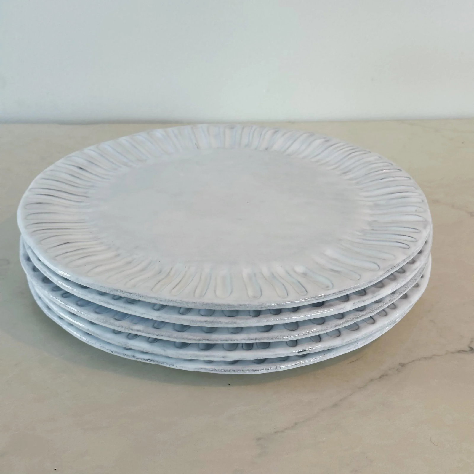 Vintage Vietri Italy Ceramic Round Sun-Burst Large Dinner Plates in Antique White, Set of Five - 4
