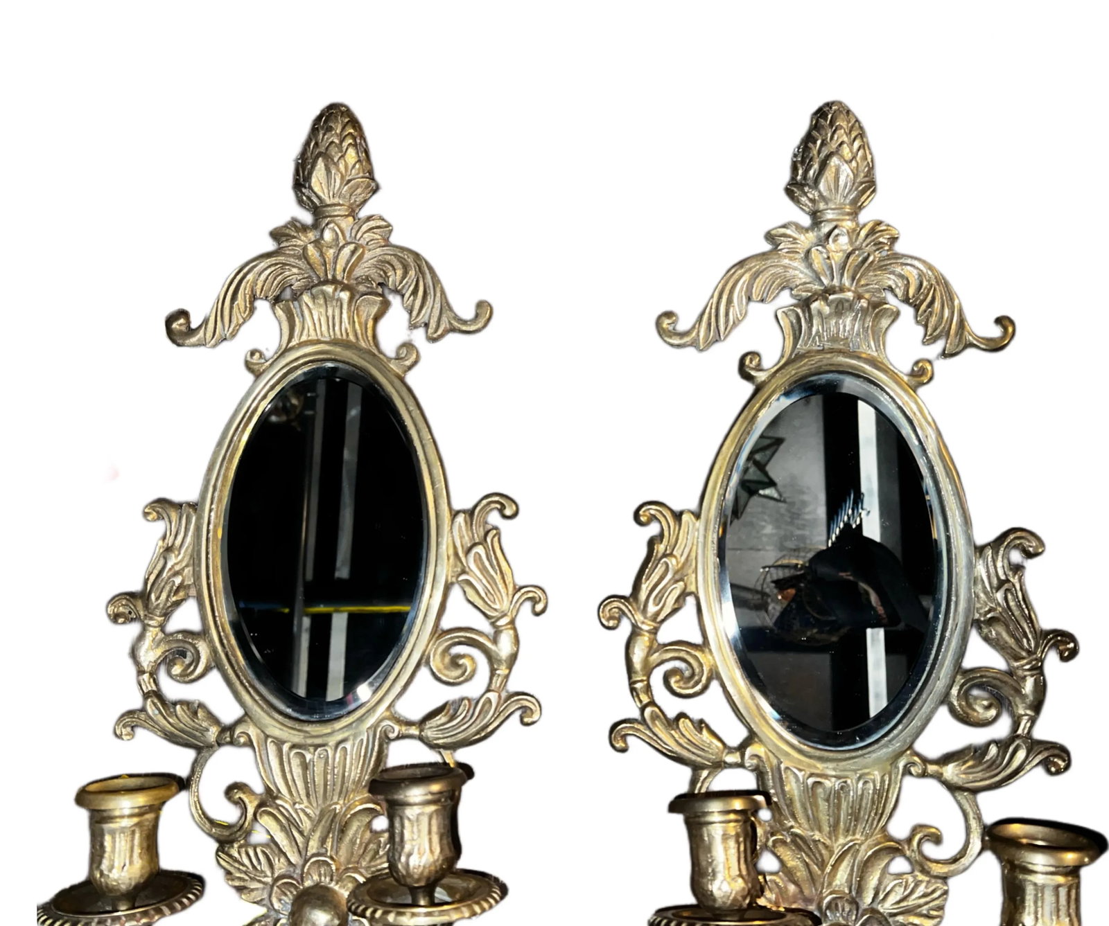 Vintage Art Nouveau Mirrored Candle Sconces Cast in Solid Brass - a Pair - 5