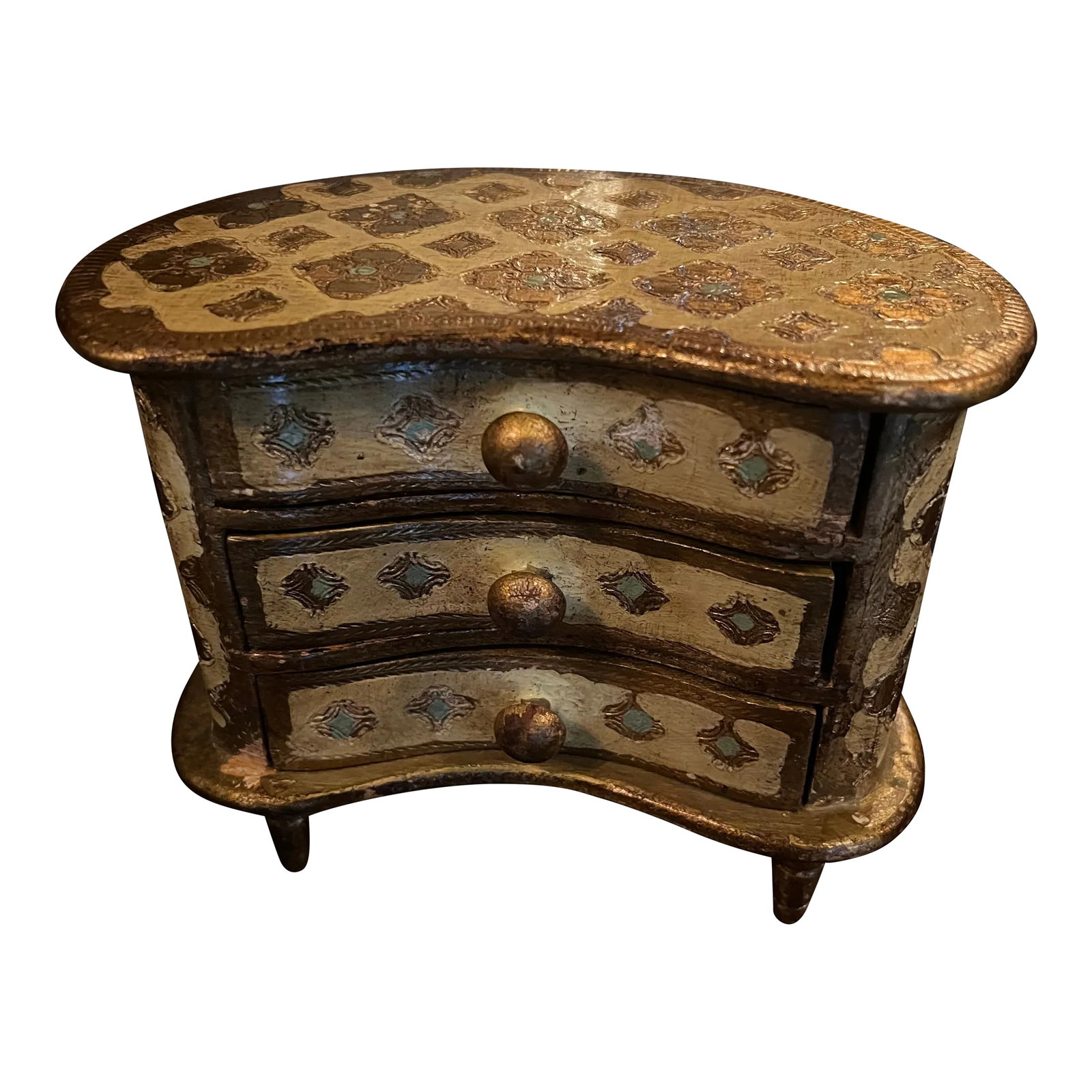 1960s Florentine Jewelry Box: Florentine Italy Style Three Drawers Jewelry Chest and Keepsake Box. Condition: Alterations: Original Condition Unaltered Imperfections: Some Imperfections Condition Notes: Good Shape Normal Wear