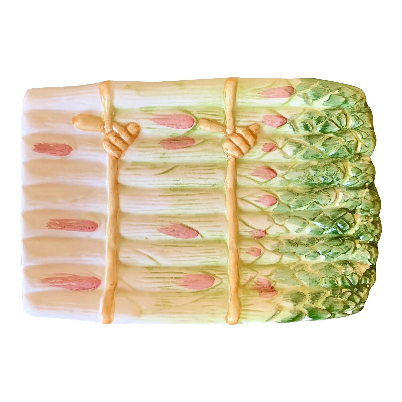 Majolica Ceramic Trompe l'Oeil Asparagus Dish: A gorgeous majolica ceramic asparagus dish or spoon rest Portugal, Circa 1980s Measures: 7.25"W x 5"D x 0.75"H Very good original vintage condition. Condition: Alterations: Original Condition