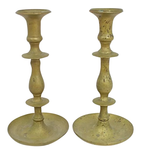 Antique Brass Candlesticks - a Pair: Antique brass candlesticks, a pair. No maker's mark. Minimal tarnish. Condition: Alterations: Original Condition Unaltered Imperfections: Some Imperfections Condition Notes: minimal tarnish Materials