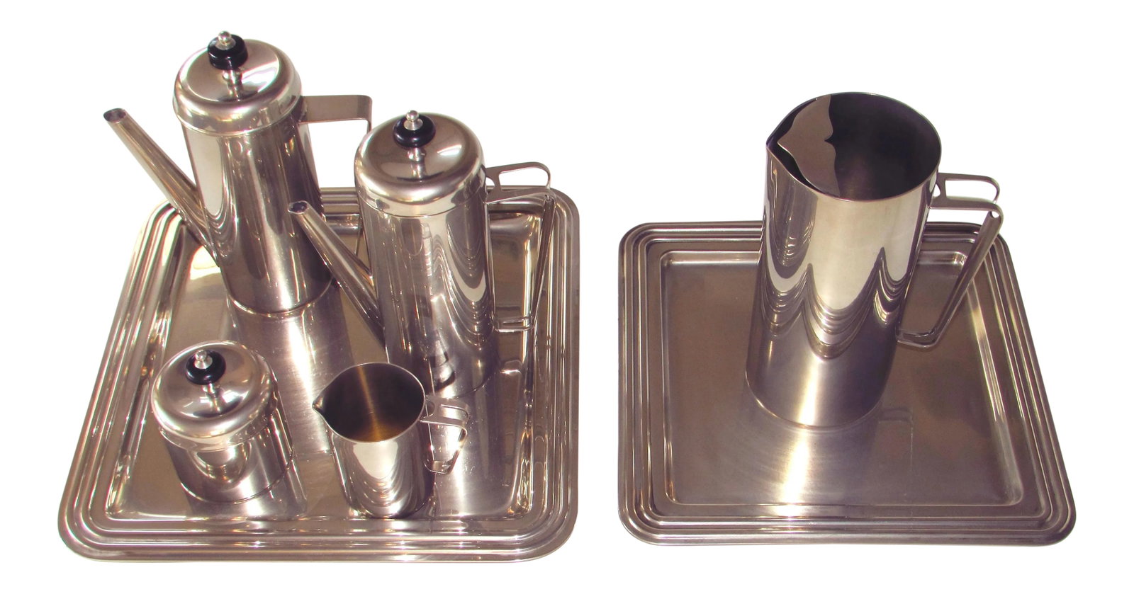 Mid-Century Modern Silverplate Tea & Coffee Service With Pitcher and Trays - Set of 10: This is a beautiful, streamlined Tea and Coffee set that includes 10 pieces! It has an Art Deco influence but is thoroughly modern at the same time and would make an amazing addition to any bar