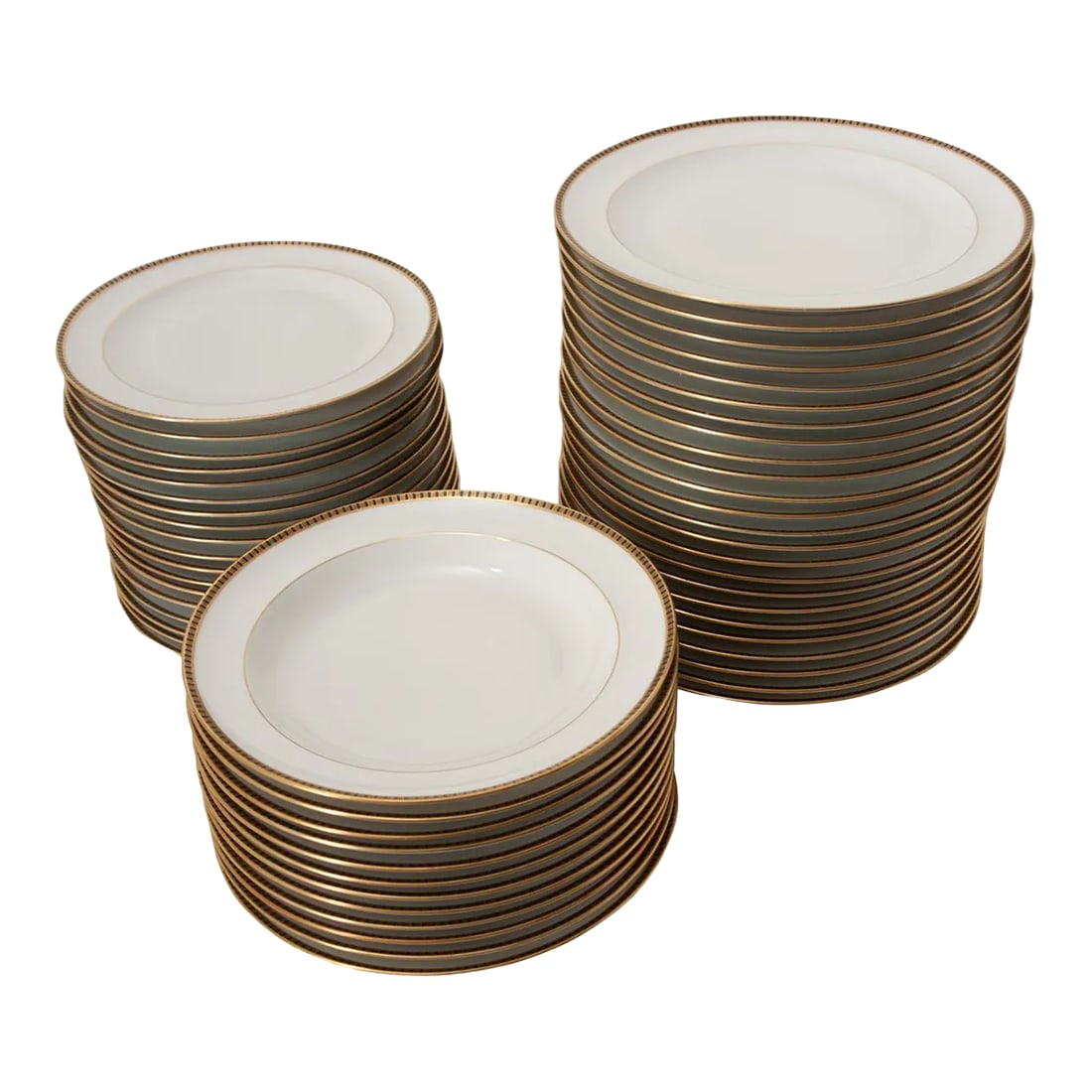 Early 20th Century French Limoges Black & Gold Service - 54 Pieces: A set of 54 pieces in an elegant Limoges porcelain dinner service with a French white finish accented by black and gold gilt Neoclassical patterned trim. Created in France during the 20th century,