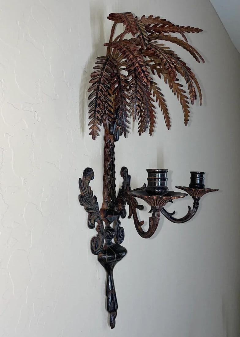 Vintage Palm Tree Two-Arm Candle Holder Wall Sconce Cast & Wrought Iron - 10