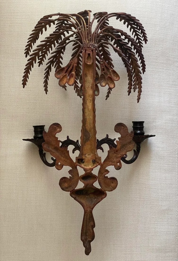 Vintage Palm Tree Two-Arm Candle Holder Wall Sconce Cast & Wrought Iron - 12