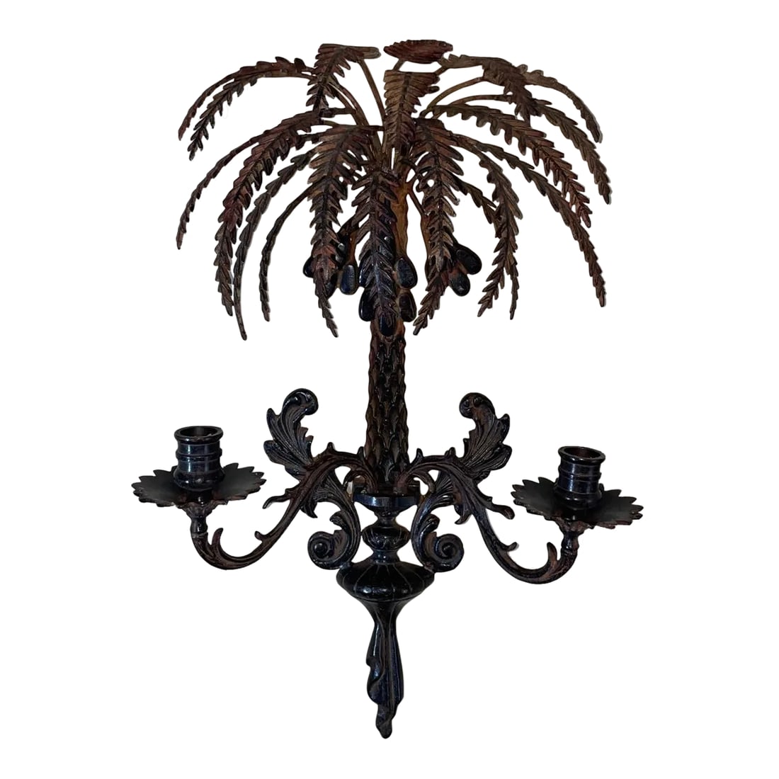 Vintage Palm Tree Two-Arm Candle Holder Wall Sconce Cast & Wrought Iron: Vintage Palm Tree Two-Arm Candle Holder Wall Sconce Cast & Wrought Iron. Black lacquer finish with brown tones and matte russet/terracotta color in the recesses and on the reverse sides. Pic 12 shows