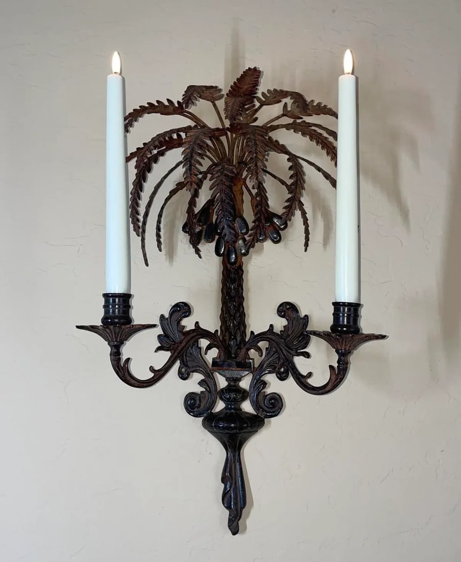 Vintage Palm Tree Two-Arm Candle Holder Wall Sconce Cast & Wrought Iron - 2