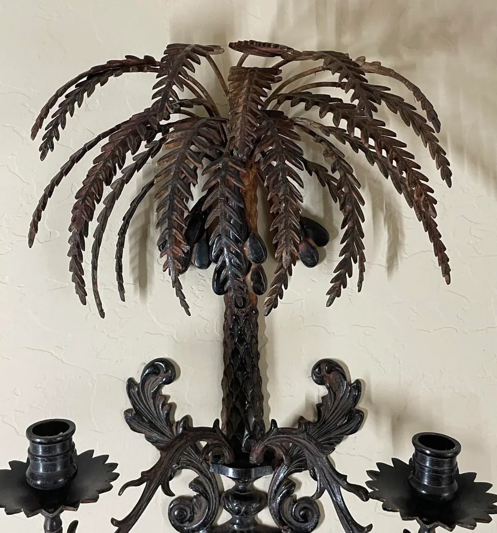 Vintage Palm Tree Two-Arm Candle Holder Wall Sconce Cast & Wrought Iron - 3