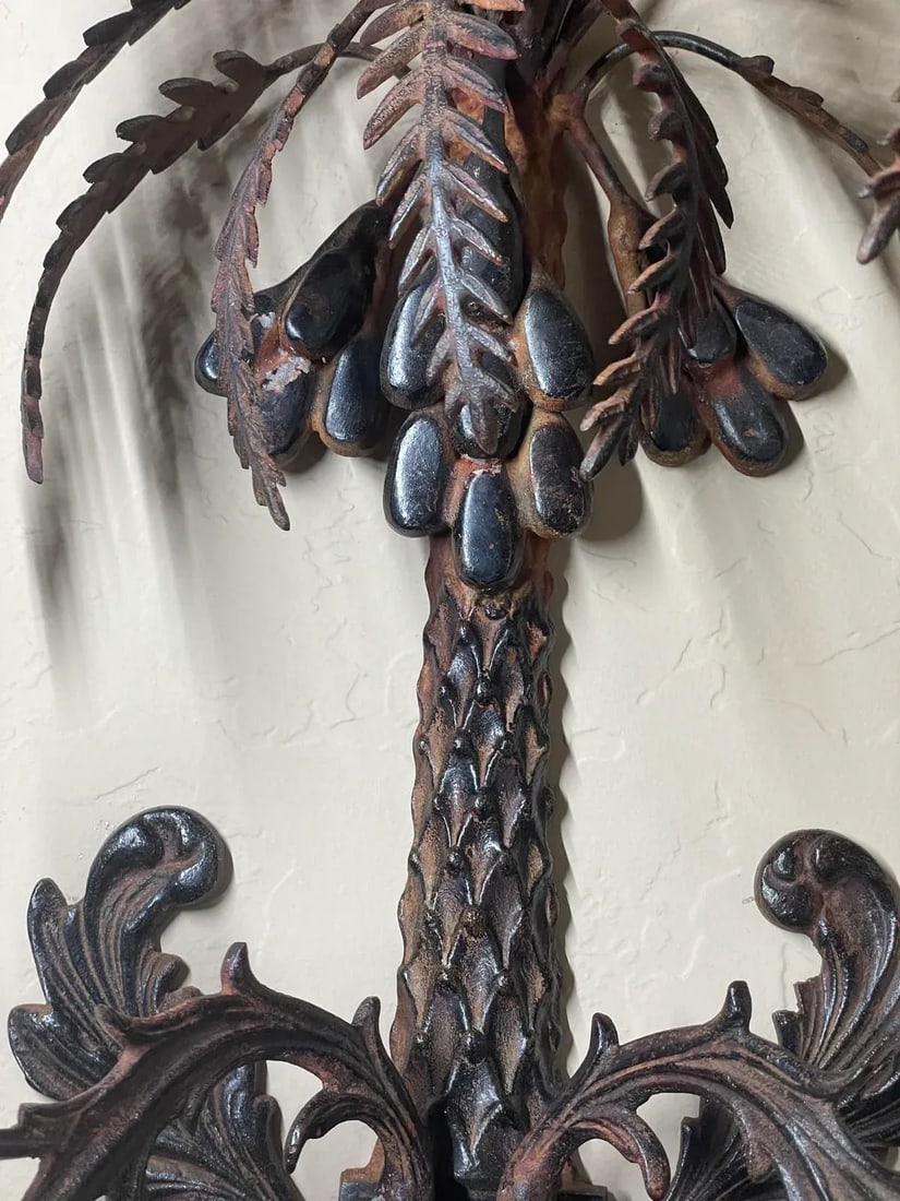 Vintage Palm Tree Two-Arm Candle Holder Wall Sconce Cast & Wrought Iron - 5