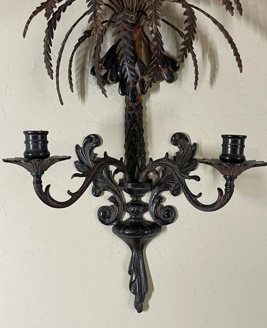 Vintage Palm Tree Two-Arm Candle Holder Wall Sconce Cast & Wrought Iron - 6