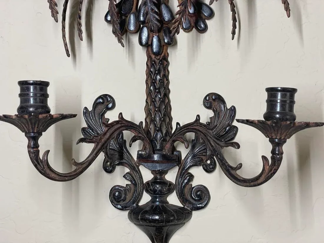Vintage Palm Tree Two-Arm Candle Holder Wall Sconce Cast & Wrought Iron - 7