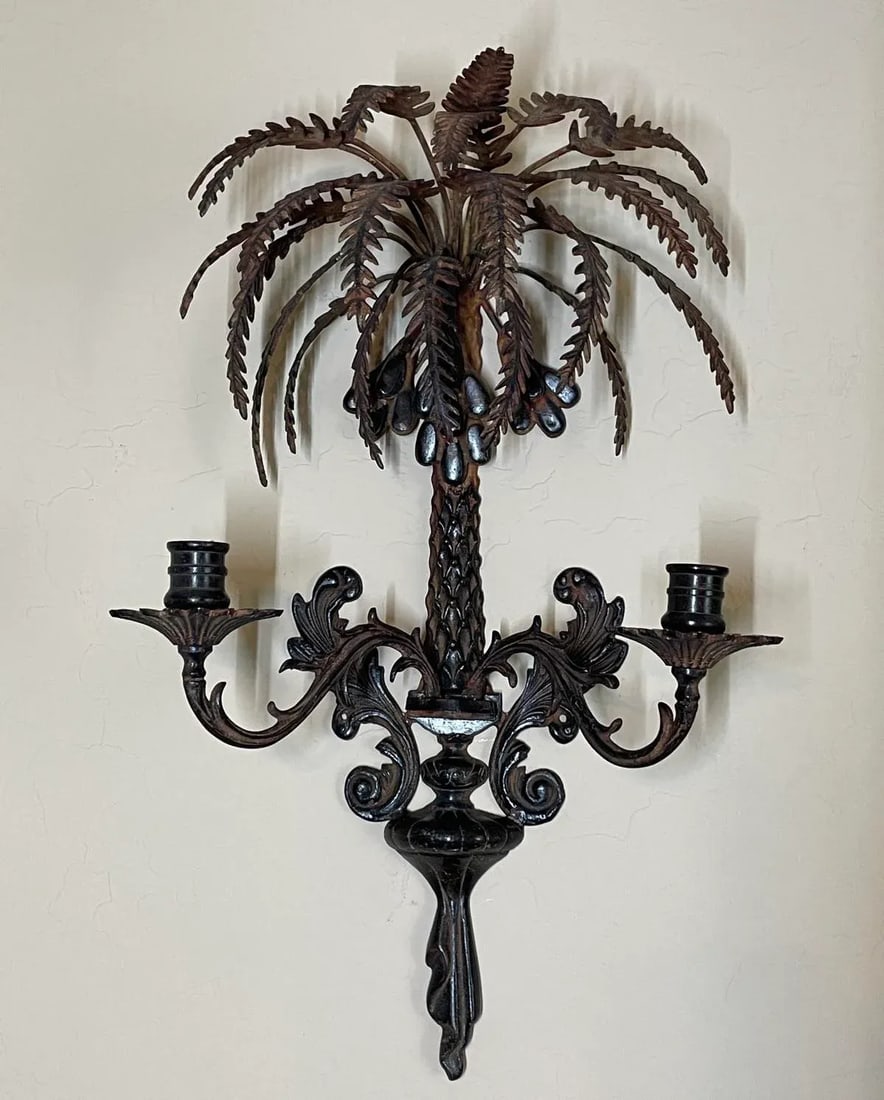 Vintage Palm Tree Two-Arm Candle Holder Wall Sconce Cast & Wrought Iron - 9