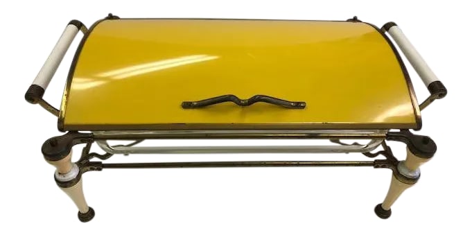 1950s Mid-Century Modern Large Single Chafing: Vintage; 1910-1950, Mid-Century Modern, large, single, chafing dish warmer with barrel vault style lid, brass frame, handle, and accents. Hollywood regency style bakelite legs and bakelite handles.