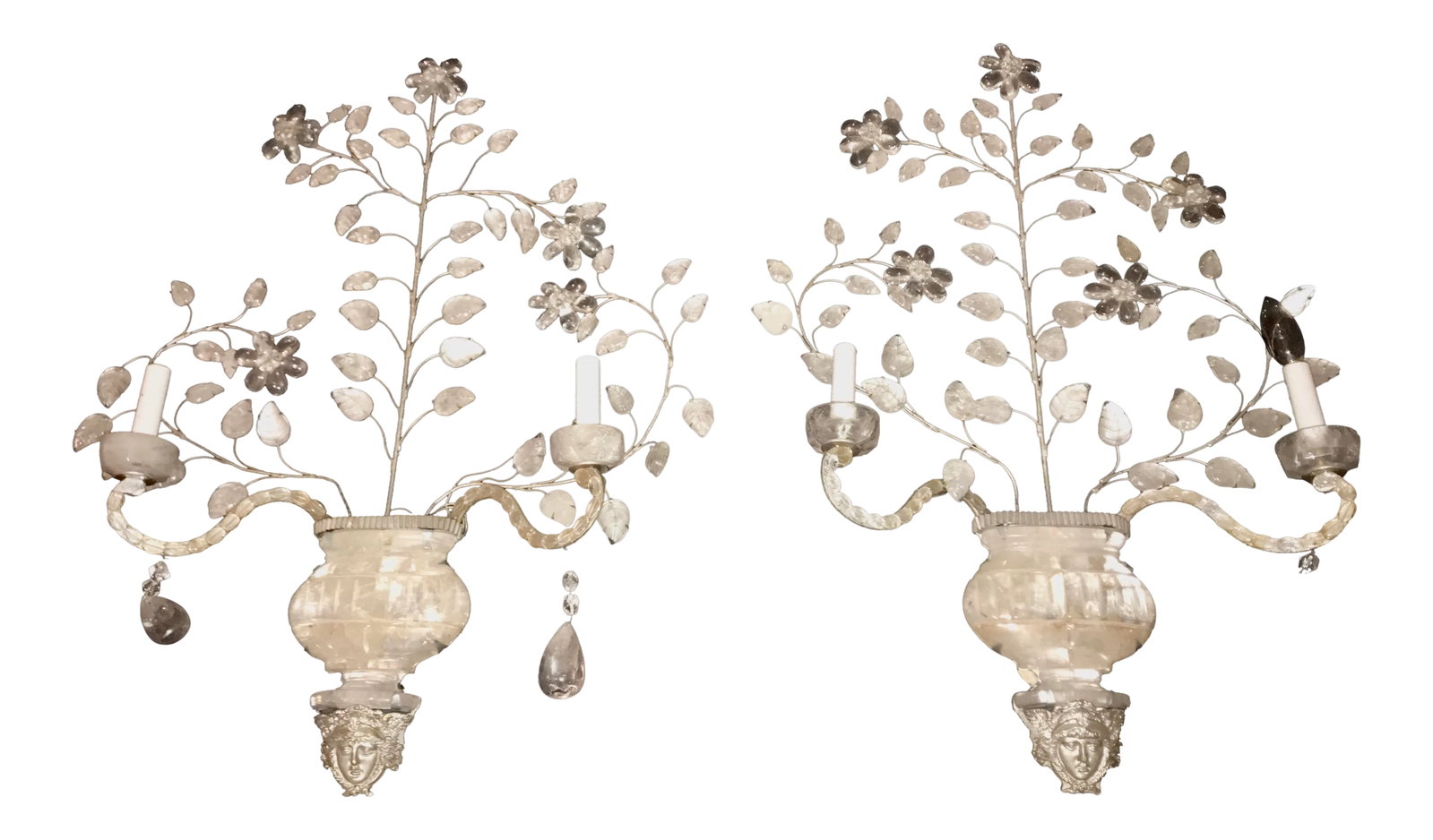 1900s Vintage Rock Crystal Wall Sconces- A Pair: Pair of Rock Crystal Wall Sconces with Silver Leaves. Vintage 20th Century Condition: Alterations: Original Condition Unaltered Imperfections: Some Imperfections Condition Notes: Excellent - Minor wea