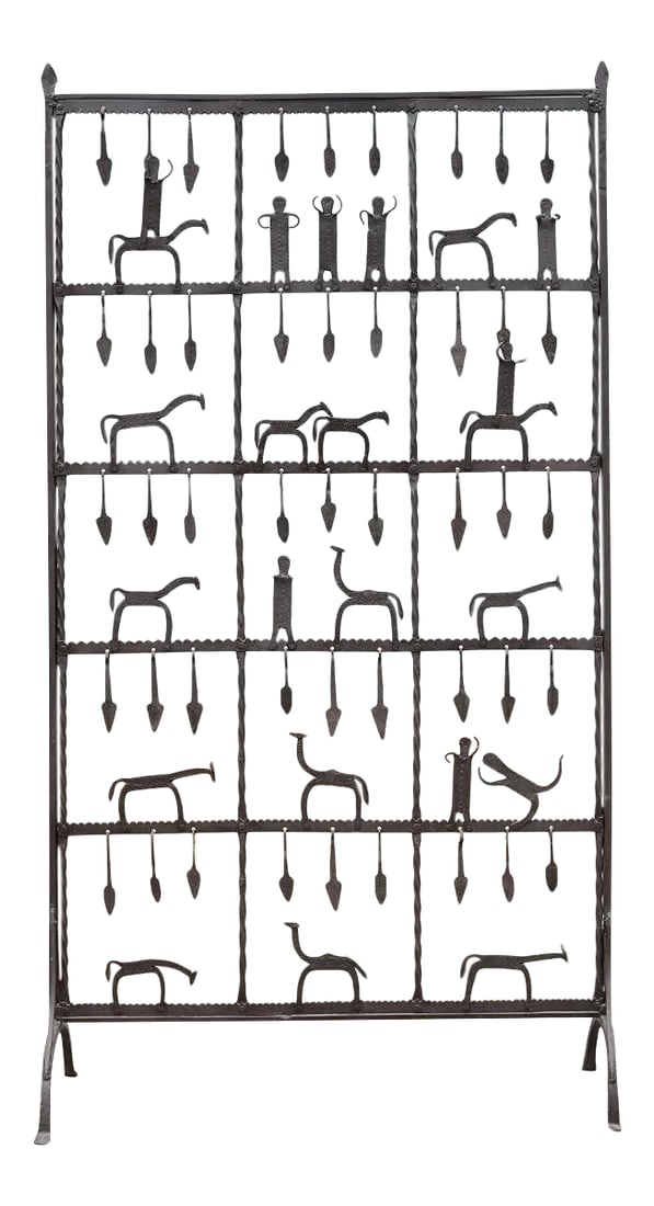 Frederic Weinberg Style Modernist Hand-Forged Iron Screen: This is an incredible one-of-a-kind, modernist hand-forged iron screen in the manner of Frederic Weinberg. The primitive-style human and animal figures and arrows have incised details and very