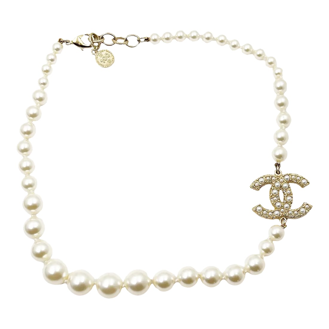 Chanel Gold CC Pearl Short Pearl Necklace: Chanel Gold CC Pearl Short Pearl Necklace 100 Year Anniversary *Marked 21 *Made in France-It is approximately 18" long. -The cross pendant is approximately 1.1" x 0.9". -100 year anniversary