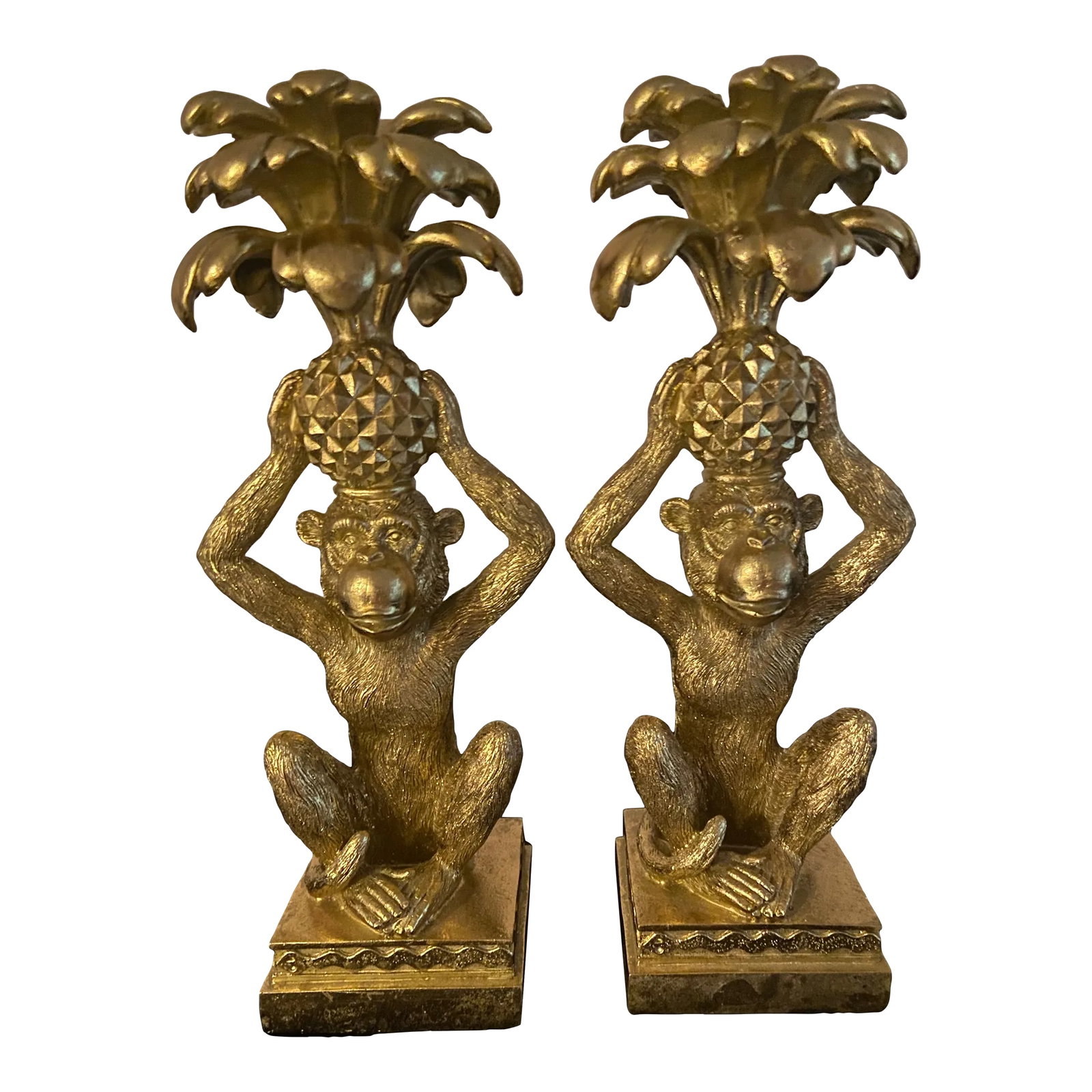 Gold Monkeys Sitting With Pineapples Candle Holders - a Pair (1 of 8)